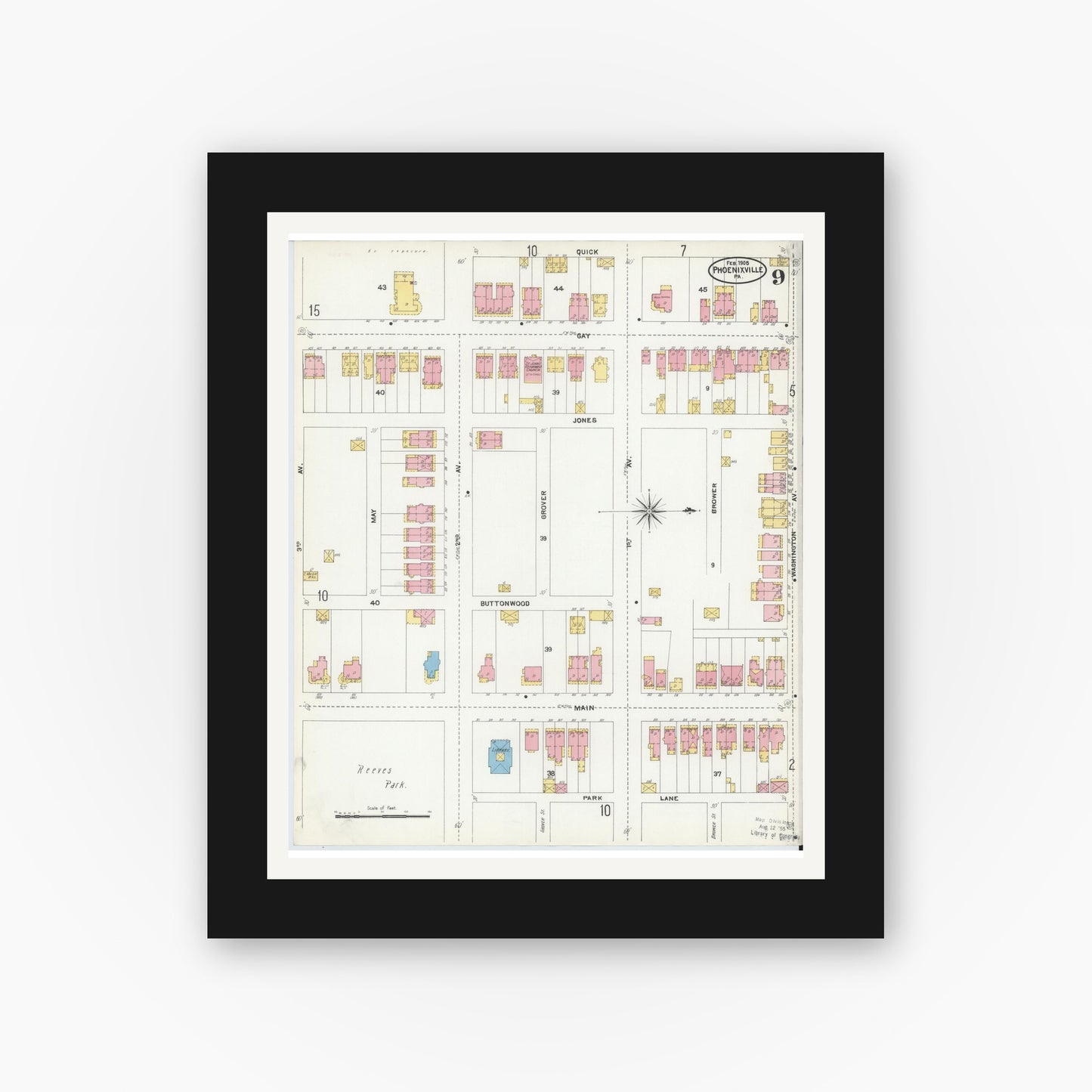 Old map wall art mockup — black gallery frame with white mat — Sanborn Fire Insurance Map from Phoenixville, Chester County, Pennsylvania (1906), Sheet #0009