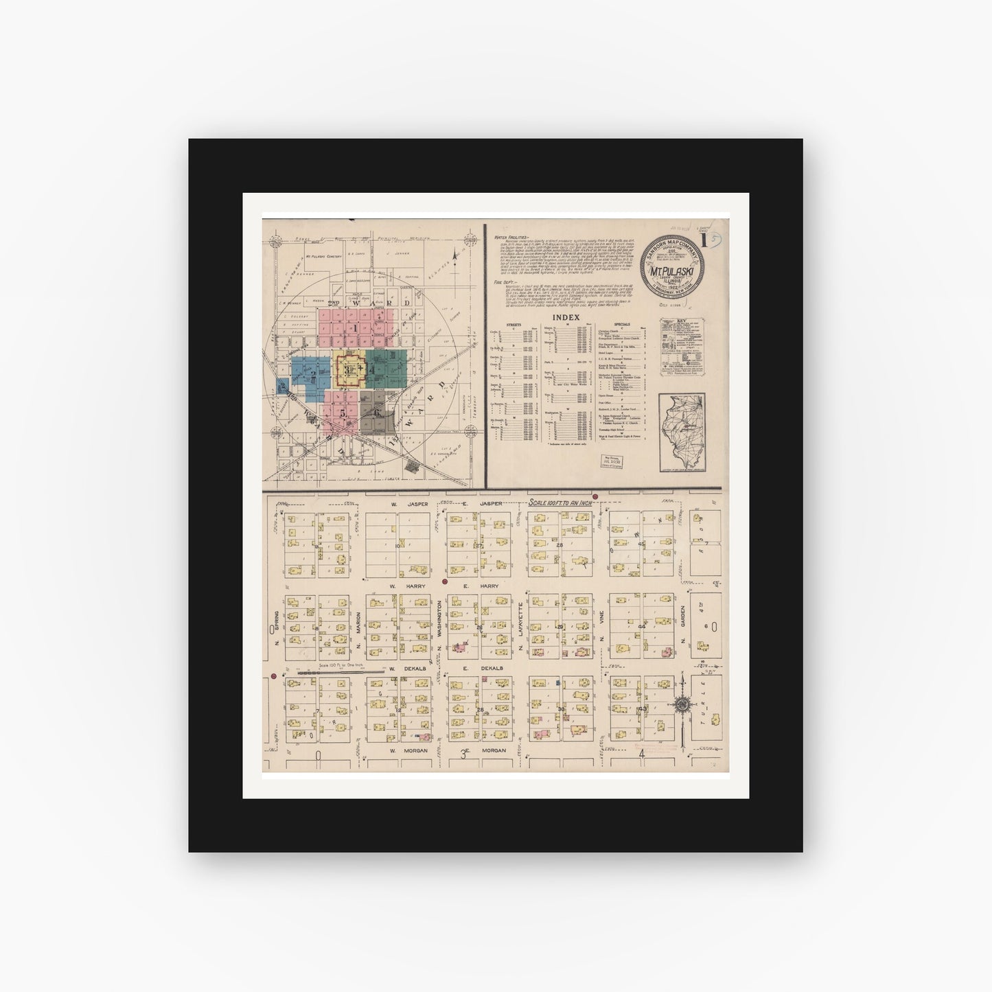 Old map wall art mockup — black gallery frame with white mat — Sanborn Fire Insurance Map from Mount Pulaski, Logan County, Illinois (1922), Sheet #0001