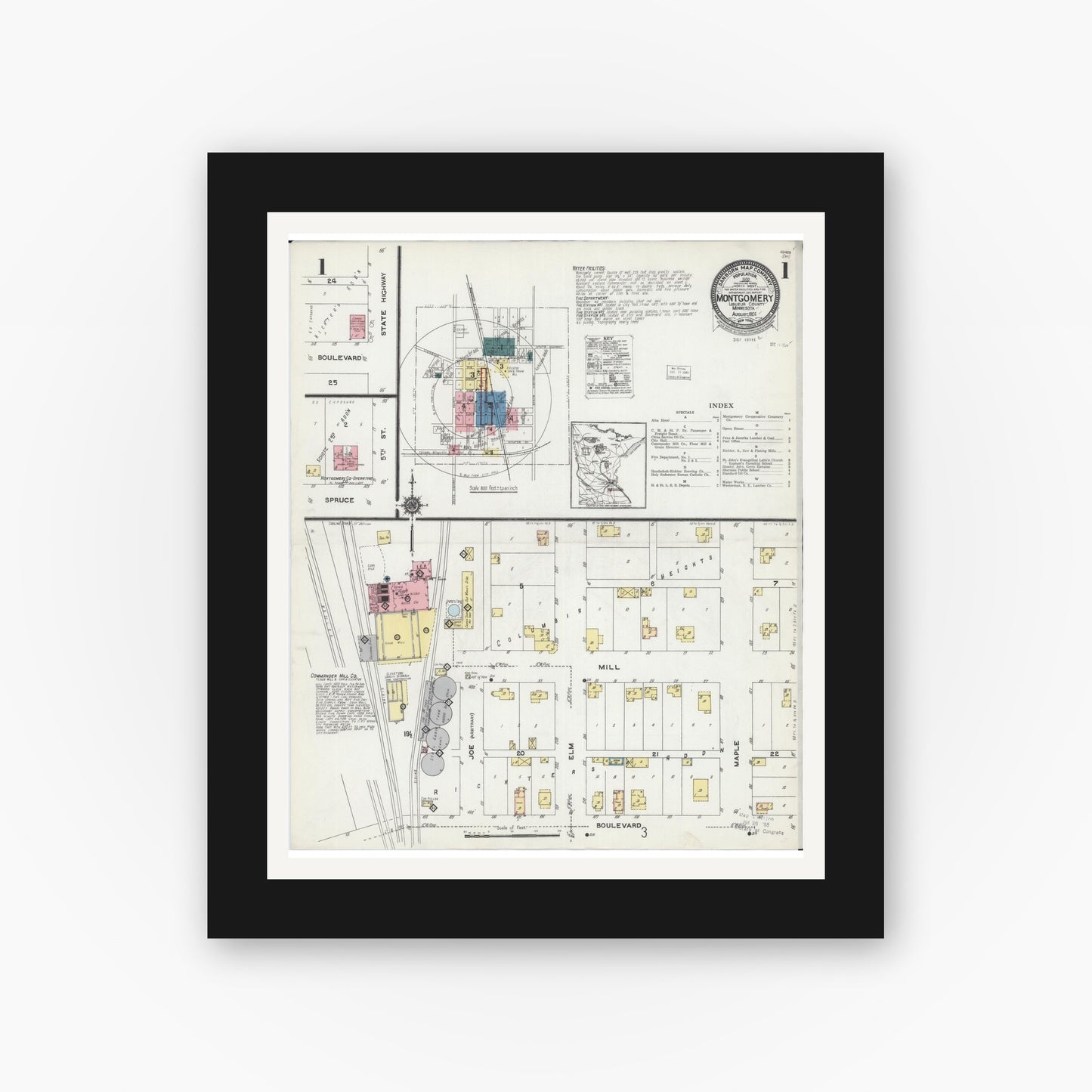 Old map wall art mockup — black gallery frame with white mat — Sanborn Fire Insurance Map from Montgomery, Le Sueur County, Minnesota (1924), Sheet #0001