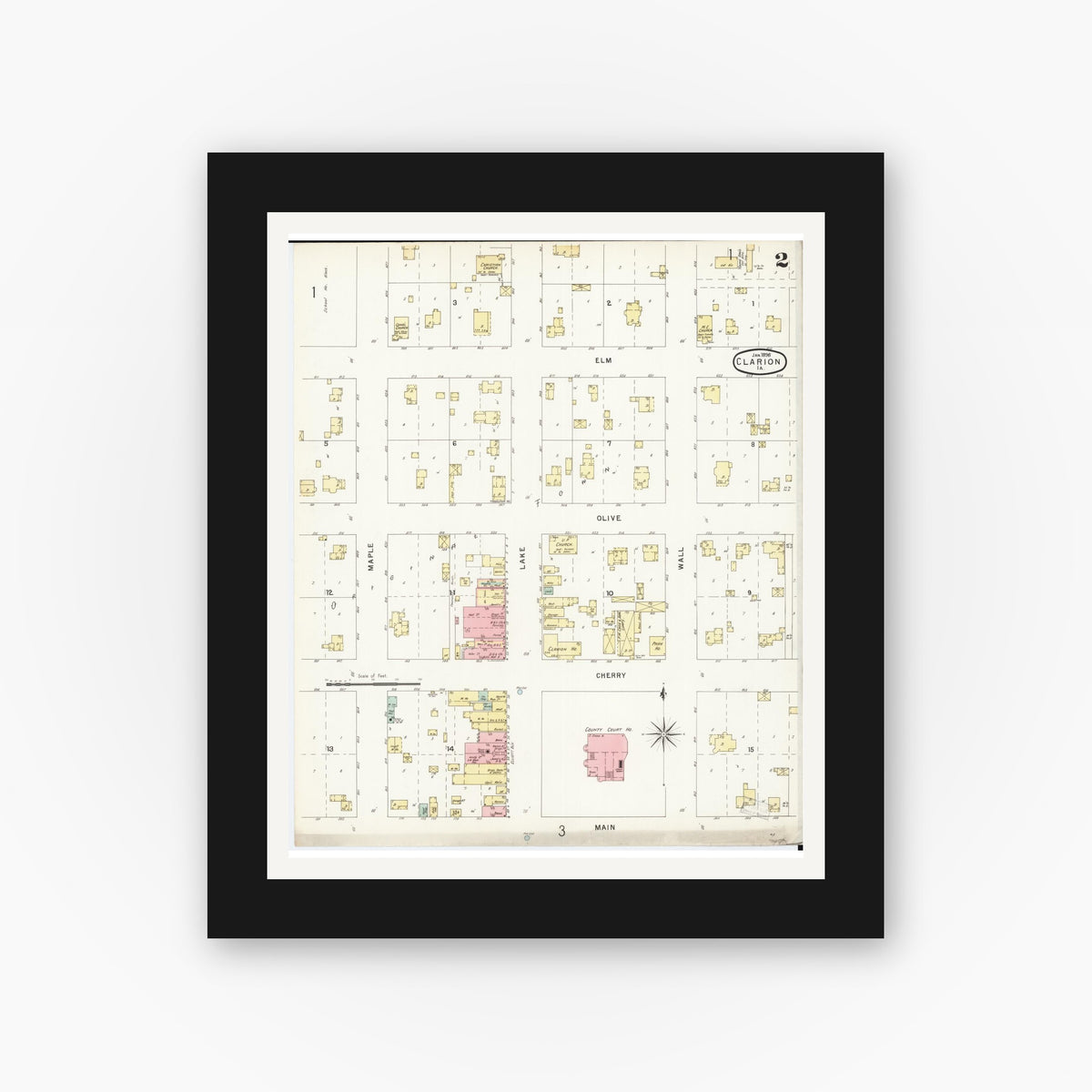 Old map wall art mockup — black gallery frame with white mat — Sanborn Fire Insurance Map from Clarion, Wright County, Iowa (1896), Sheet #0002