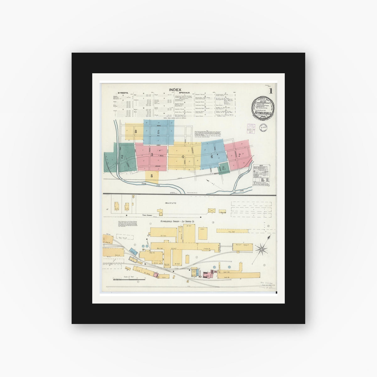 Old map wall art mockup — black gallery frame with white mat — Sanborn Fire Insurance Map from Reynoldsville, Jefferson County, Pennsylvania (1901) - Complete Map Set