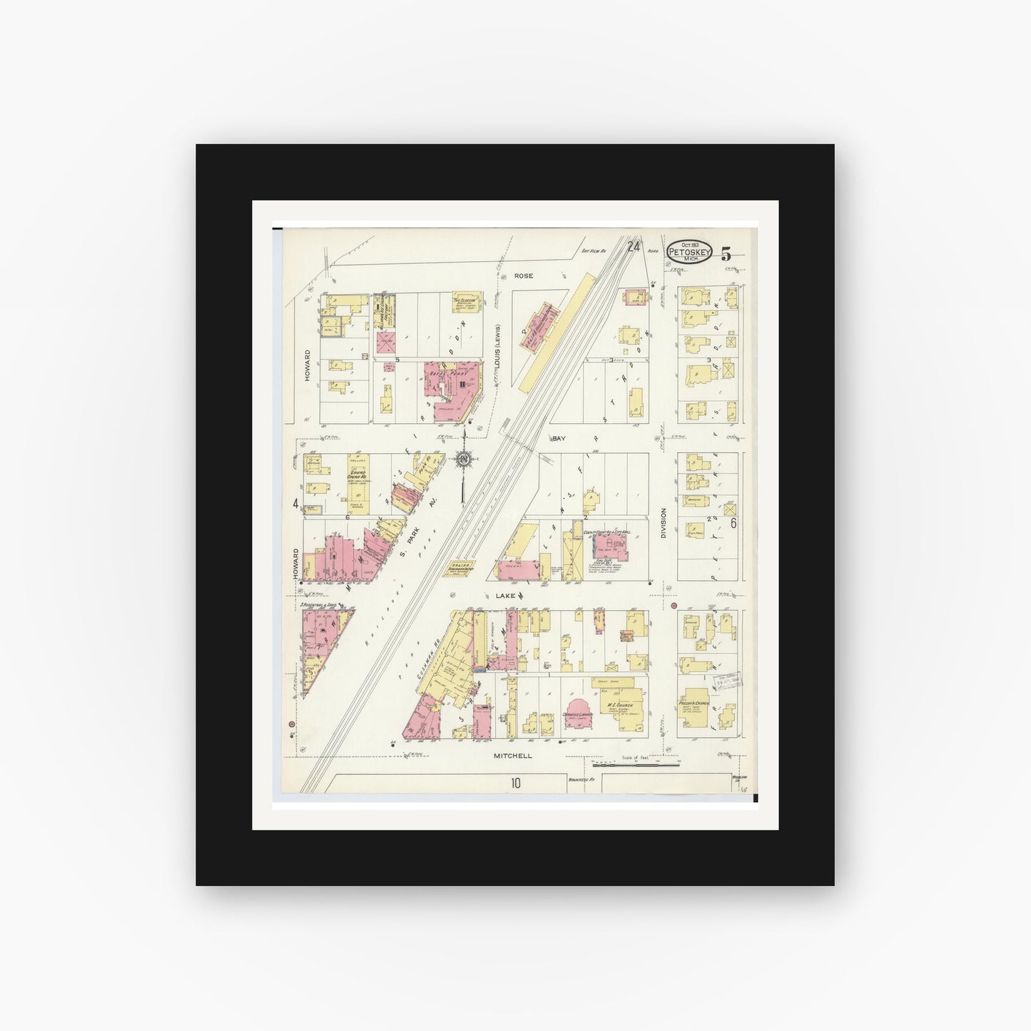 Old map wall art mockup — black gallery frame with white mat — Sanborn Fire Insurance Map from Petoskey, Emmet County, Michigan (1913), Sheet #0005