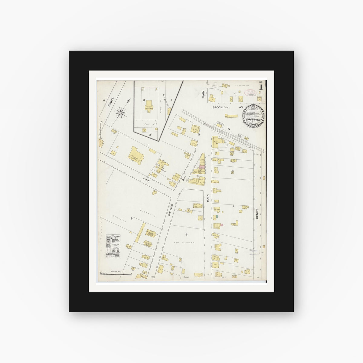 Old map wall art mockup — black gallery frame with white mat — Sanborn Fire Insurance Map from Freeport, Nassau County, New York (1892) - Complete Map Set