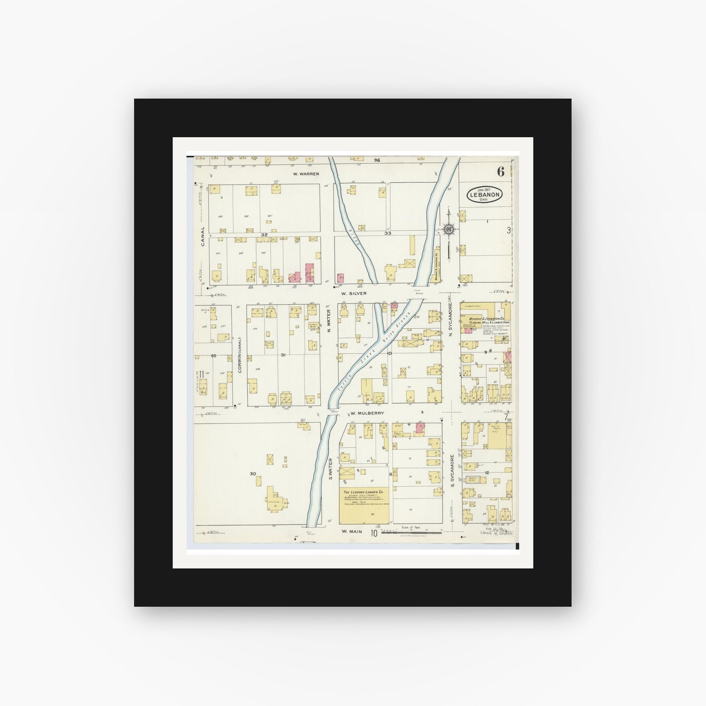 Old map wall art mockup — black gallery frame with white mat — Sanborn Fire Insurance Map from Lebanon, Warren County, Ohio (1917), Sheet #0006