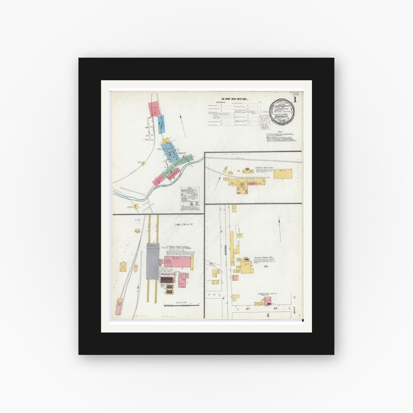 Old map wall art mockup — black gallery frame with white mat — Sanborn Fire Insurance Map from Everett, Bedford County, Pennsylvania (1900) - Complete Map Set