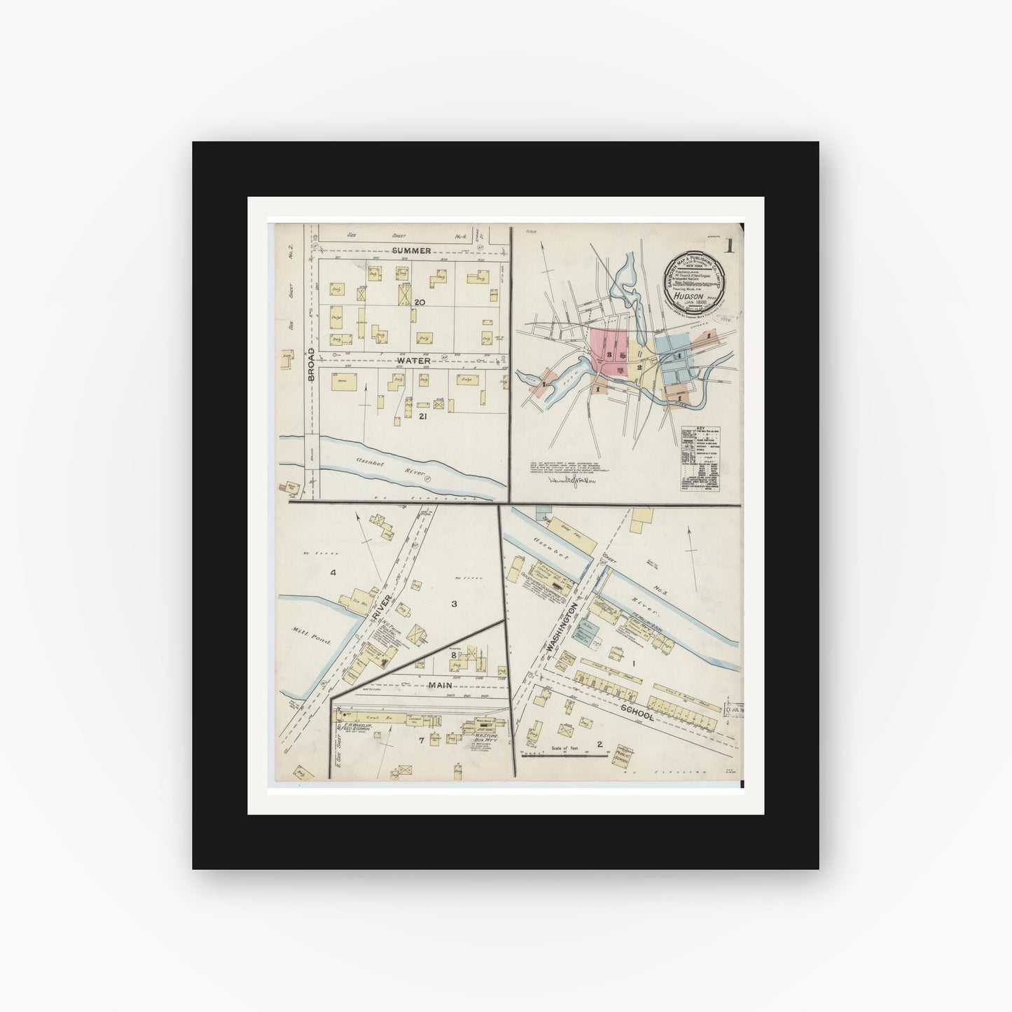 Old map wall art mockup — black gallery frame with white mat — Sanborn Fire Insurance Map from Hudson, Middlesex County, Massachusetts (1888), Sheet #0001