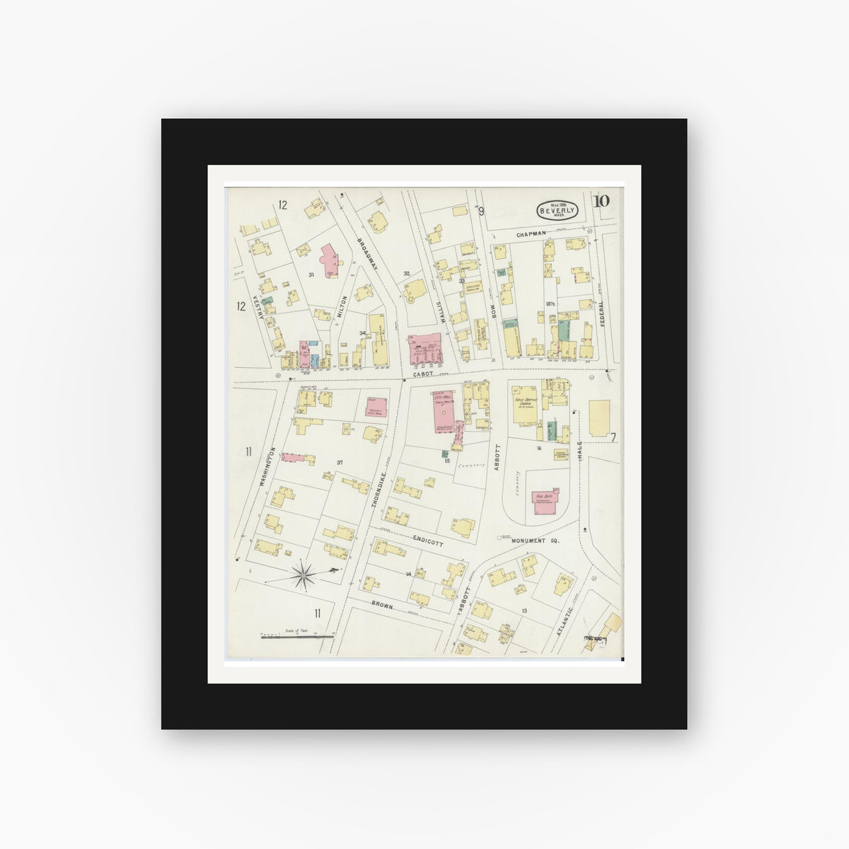Old map wall art mockup — black gallery frame with white mat — Sanborn Fire Insurance Map from Beverly, Essex County, Massachusetts (1896), Sheet #0010