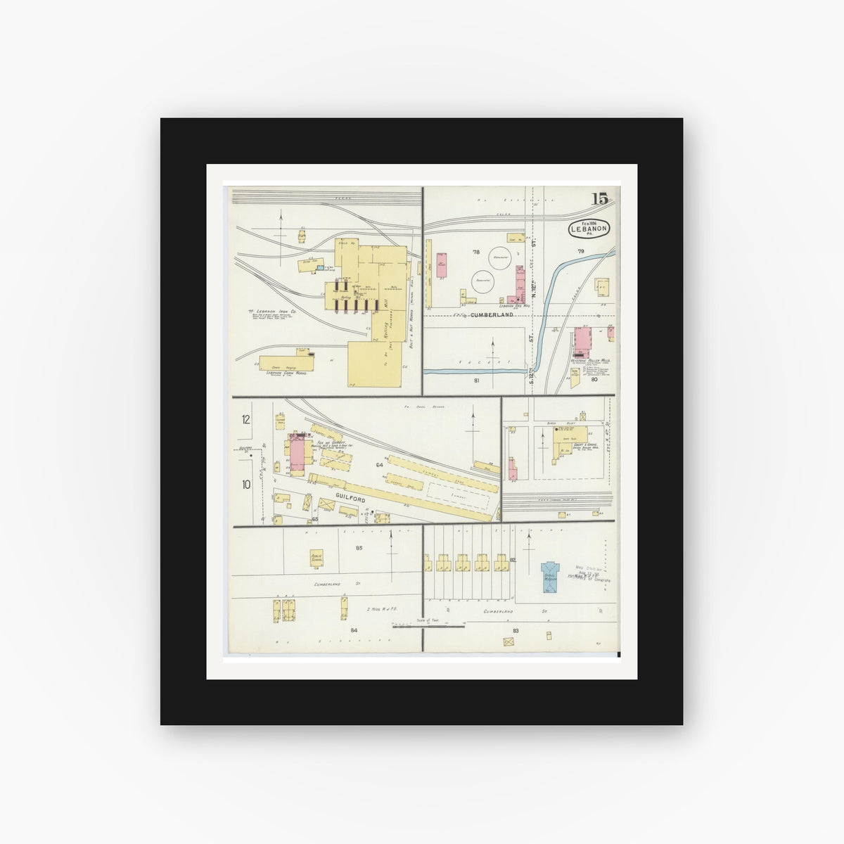Old map wall art mockup — black gallery frame with white mat — Sanborn Fire Insurance Map from Lebanon, Lebanon County, Pennsylvania (1896), Sheet #0015