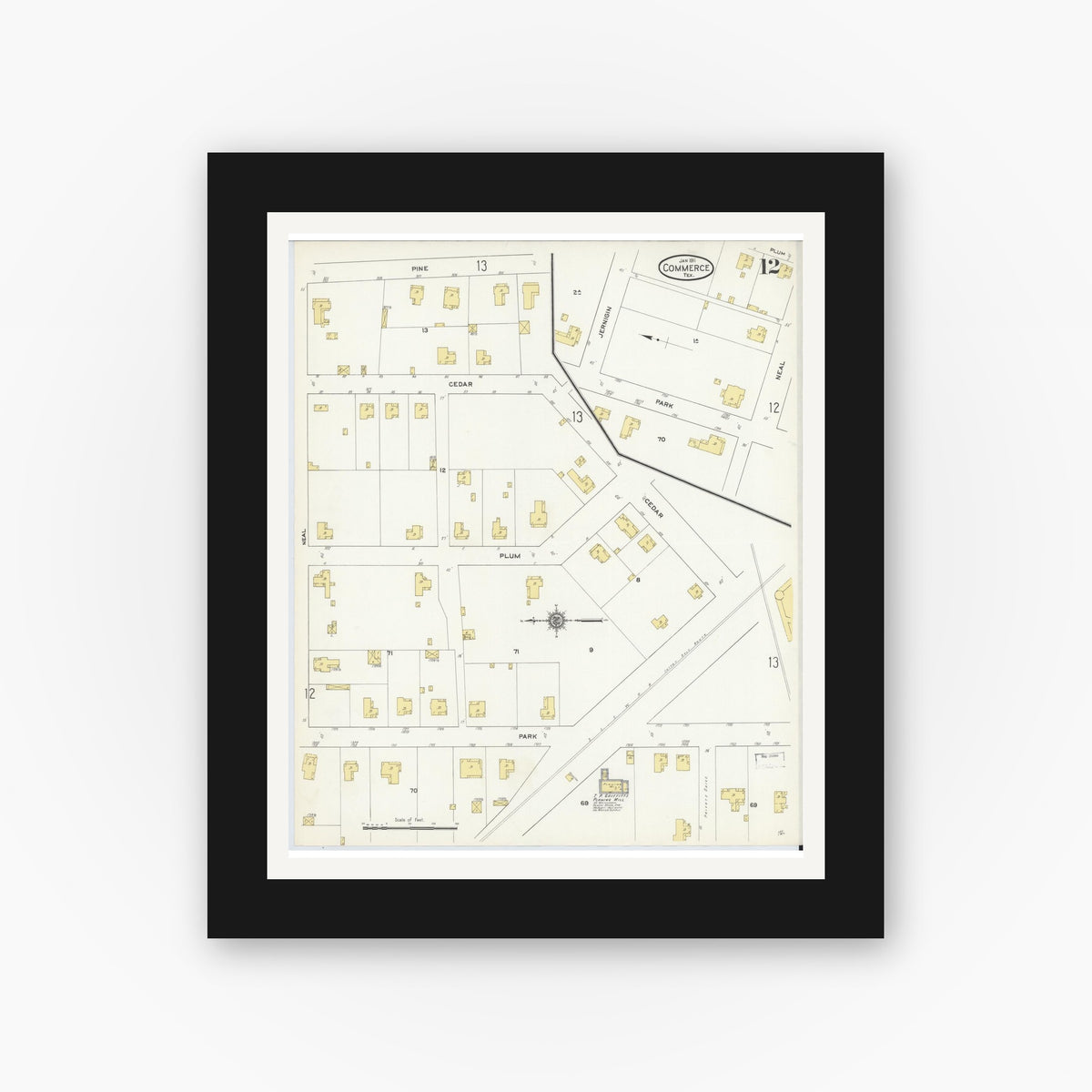 Old map wall art mockup — black gallery frame with white mat — Sanborn Fire Insurance Map from Commerce, Hunt County, Texas (1911), Sheet #0012