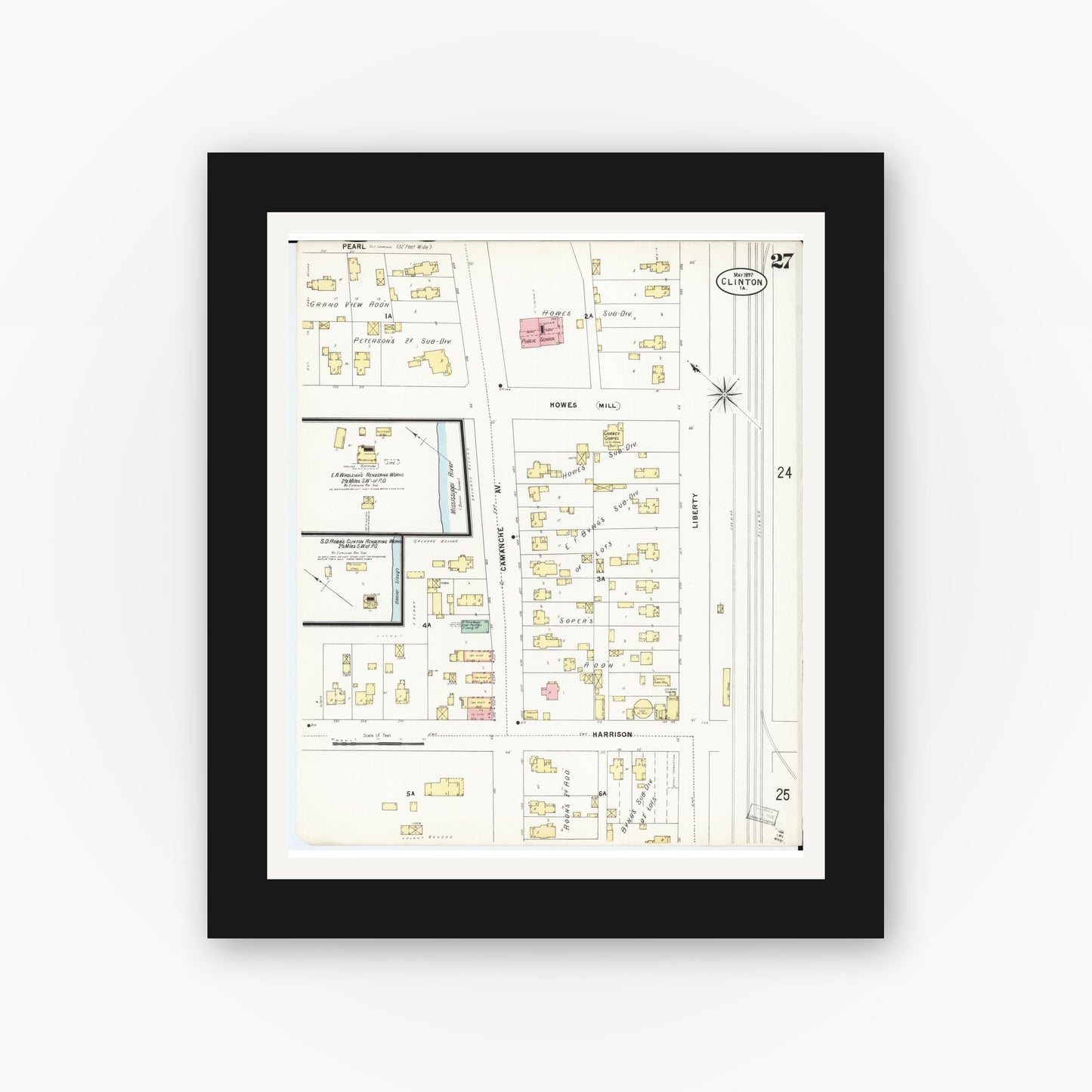 Old map wall art mockup — black gallery frame with white mat — Sanborn Fire Insurance Map from Clinton, Clinton County, Iowa (1897), Sheet #0027