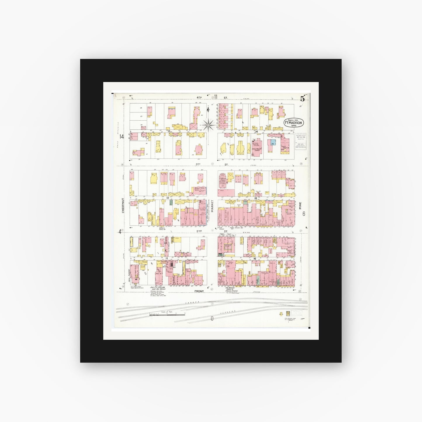Old map wall art mockup β black gallery frame with white mat β Sanborn Fire Insurance Map from Fort Madison, Lee County, Iowa (1900), Sheet #0005
