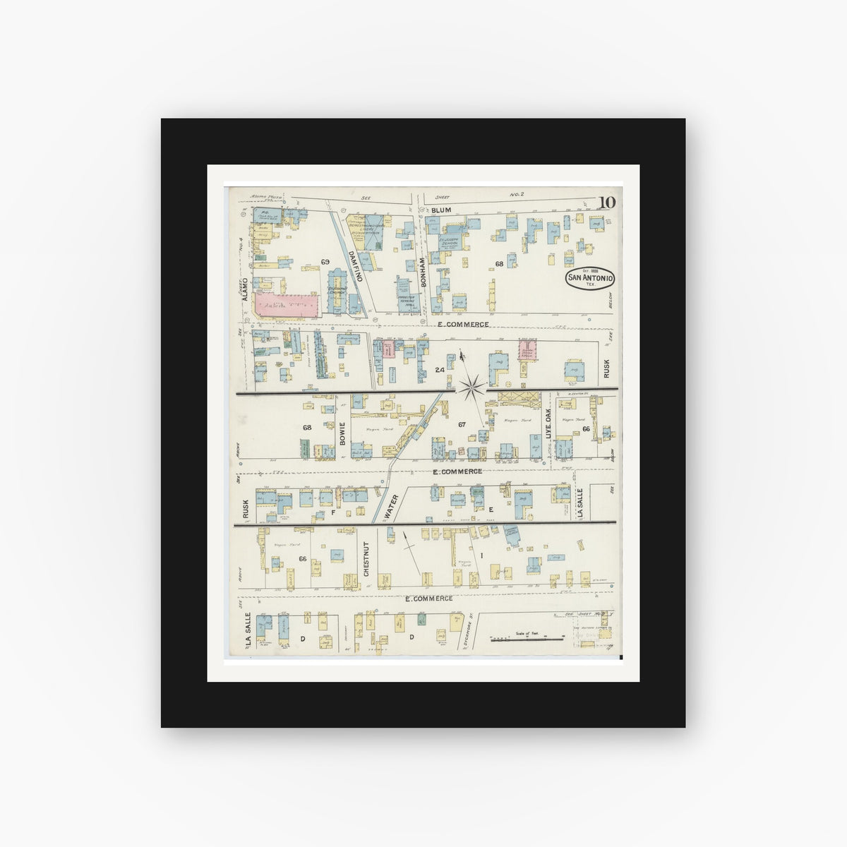 Old map wall art mockup — black gallery frame with white mat — Sanborn Fire Insurance Map from San Antonio, Bexar County, Texas (1888), Sheet #0010