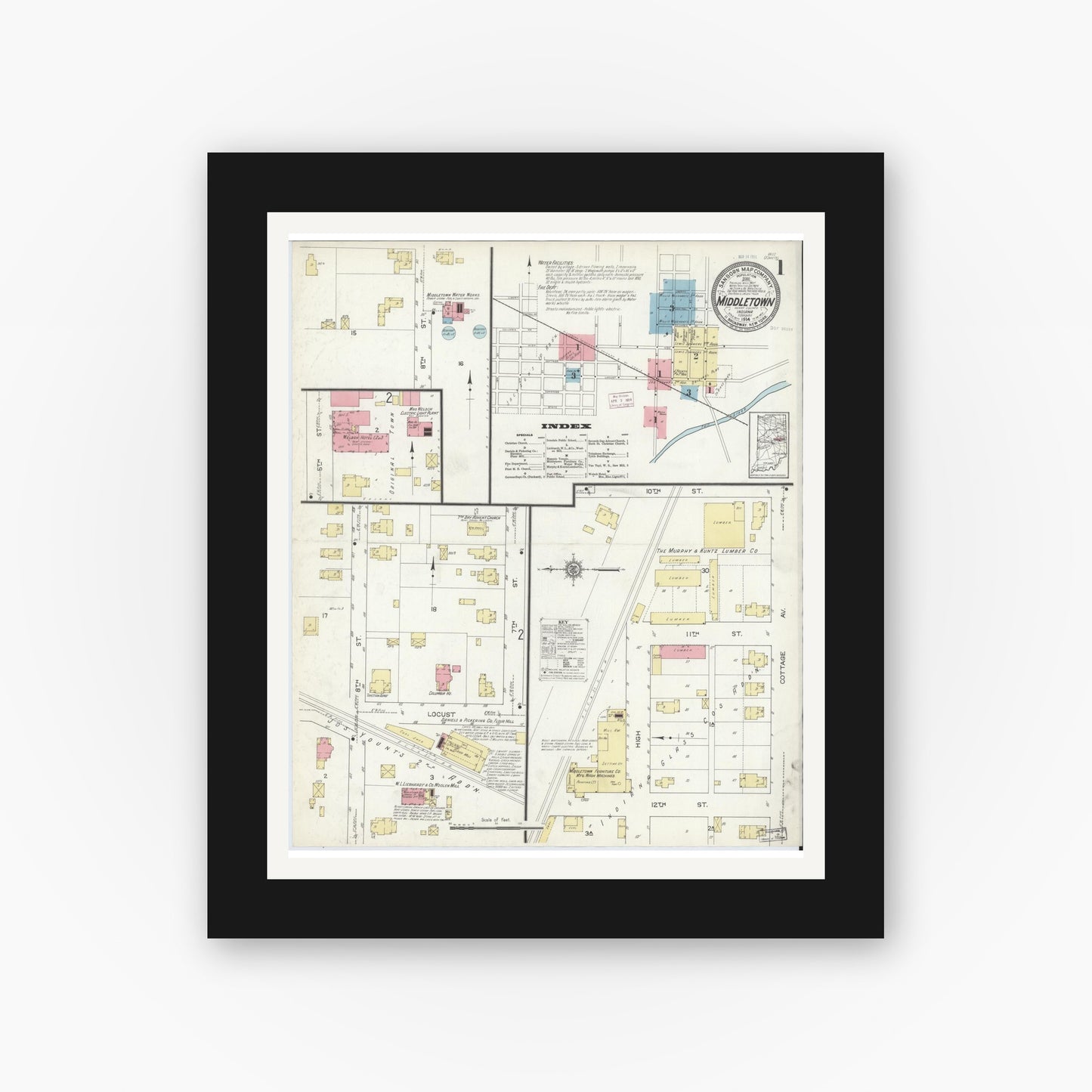 Old map wall art mockup — black gallery frame with white mat — Sanborn Fire Insurance Map from Middletown, Henry County, Indiana (1914) - Complete Map Set
