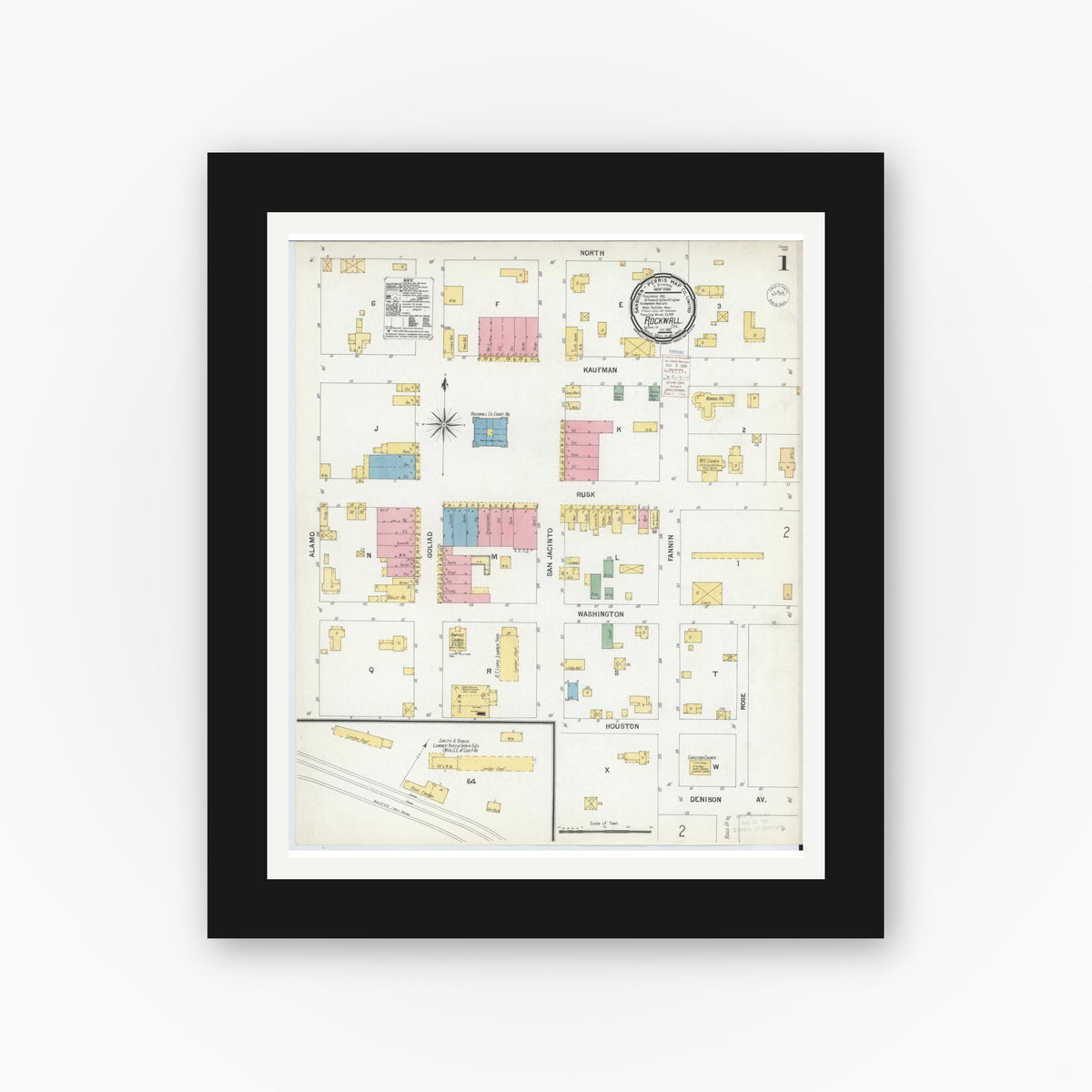 Old map wall art mockup — black gallery frame with white mat — Sanborn Fire Insurance Map from Rockwall, Rockwall County, Texas (1900) - Complete Map Set
