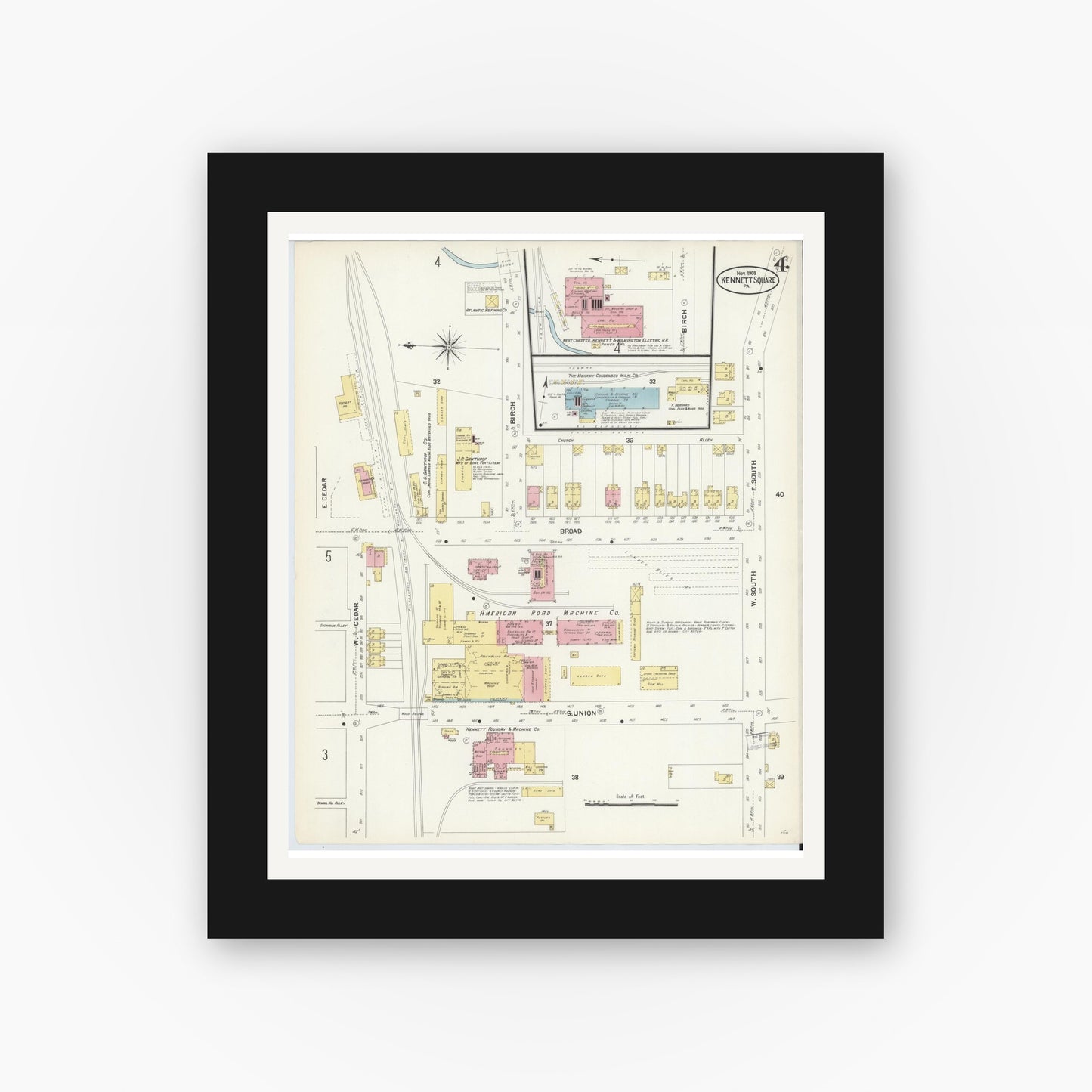 Old map wall art mockup — black gallery frame with white mat — Sanborn Fire Insurance Map from Kennett Square, Chester County, Pennsylvania (1908), Sheet #0004