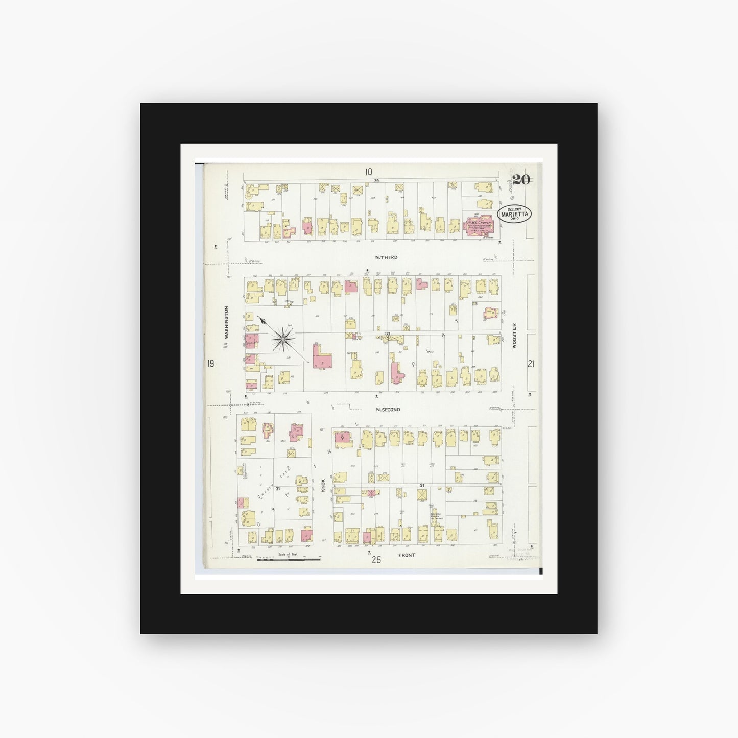 Old map wall art mockup — black gallery frame with white mat — Sanborn Fire Insurance Map from Marietta, Washington County, Ohio (1907), Sheet #0020