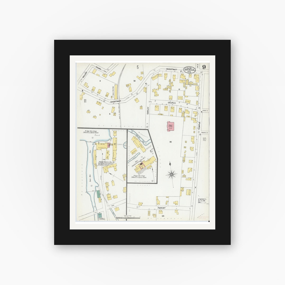 Old map wall art mockup — black gallery frame with white mat — Sanborn Fire Insurance Map from Spencer, Worcester County, Massachusetts (1901), Sheet #0009