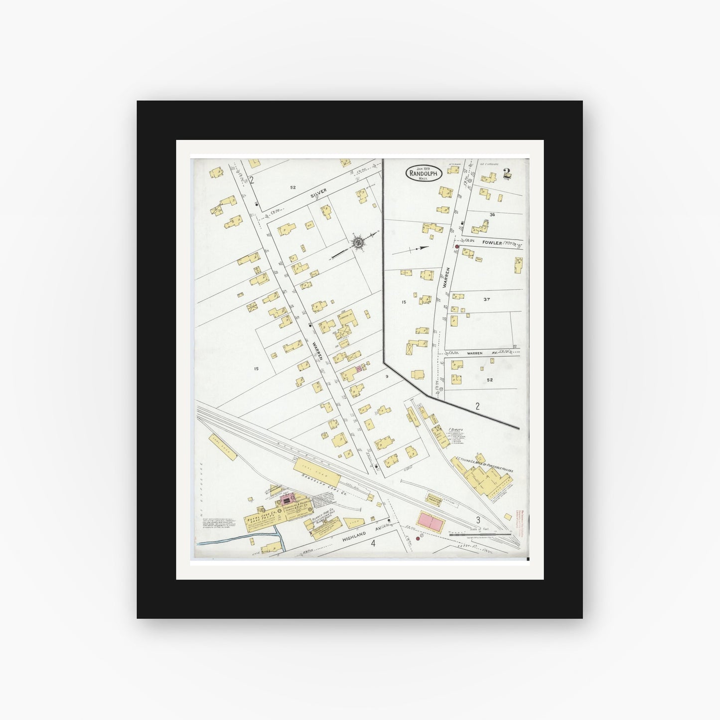 Old map wall art mockup — black gallery frame with white mat — Sanborn Fire Insurance Map from Randolph, Norfolk County, Massachusetts (1919), Sheet #0002