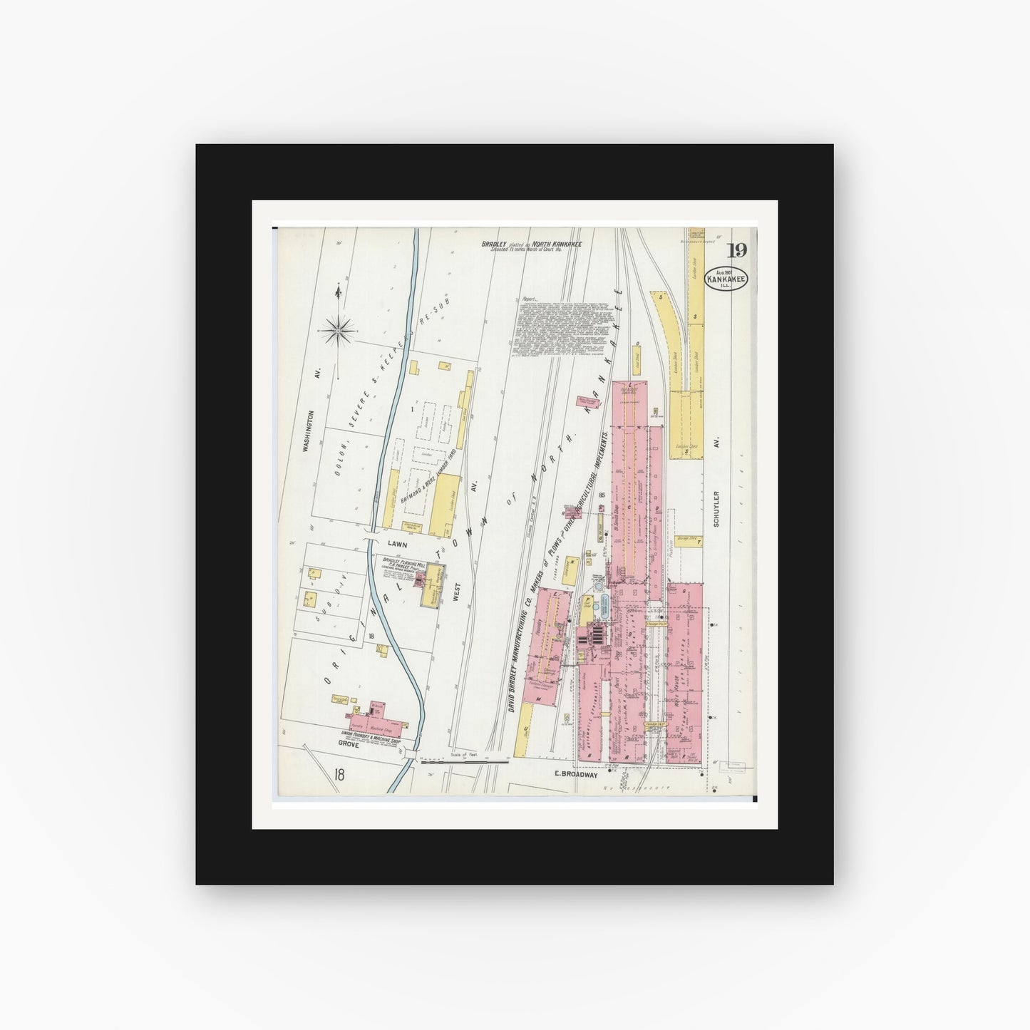Old map wall art mockup — black gallery frame with white mat — Sanborn Fire Insurance Map from Kankakee, Kankakee County, Illinois (1901), Sheet #0019