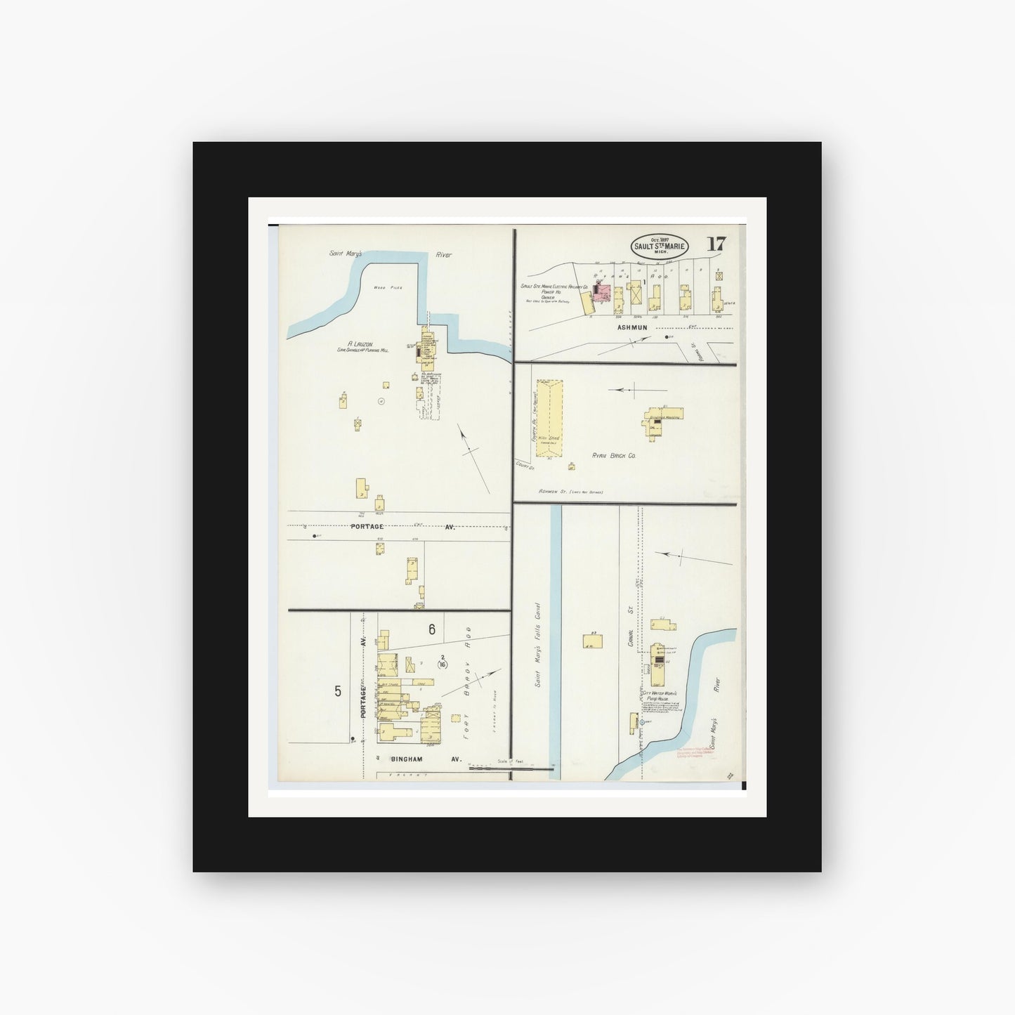 Old map wall art mockup — black gallery frame with white mat — Sanborn Fire Insurance Map from Sault Sainte Marie, Chippewa County, Michigan (1897), Sheet #0017
