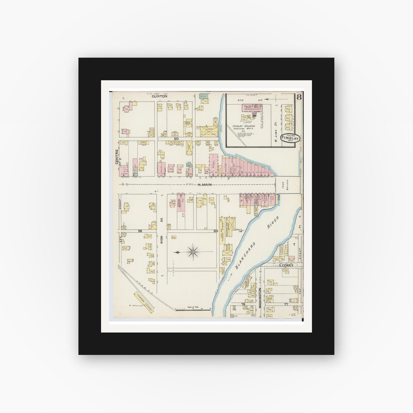 Old map wall art mockup — black gallery frame with white mat — Sanborn Fire Insurance Map from Findlay, Hancock County, Ohio (1890), Sheet #0008