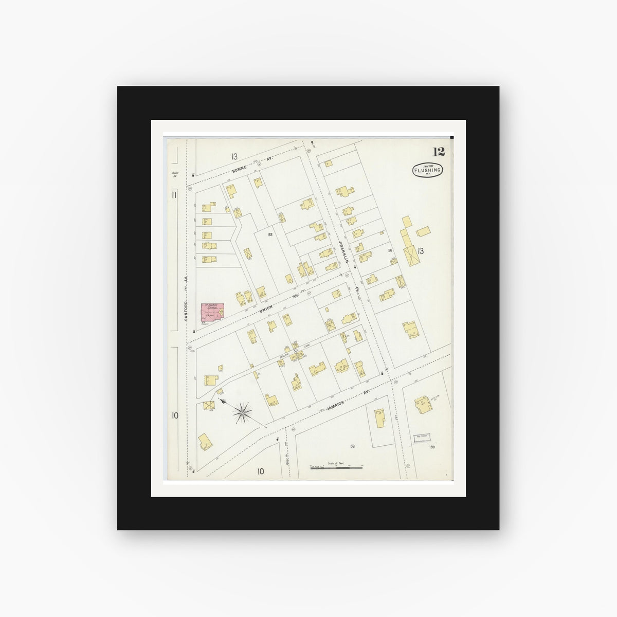 Old map wall art mockup — black gallery frame with white mat — Sanborn Fire Insurance Map from Flushing, Queens County, New York (1897), Sheet #0012