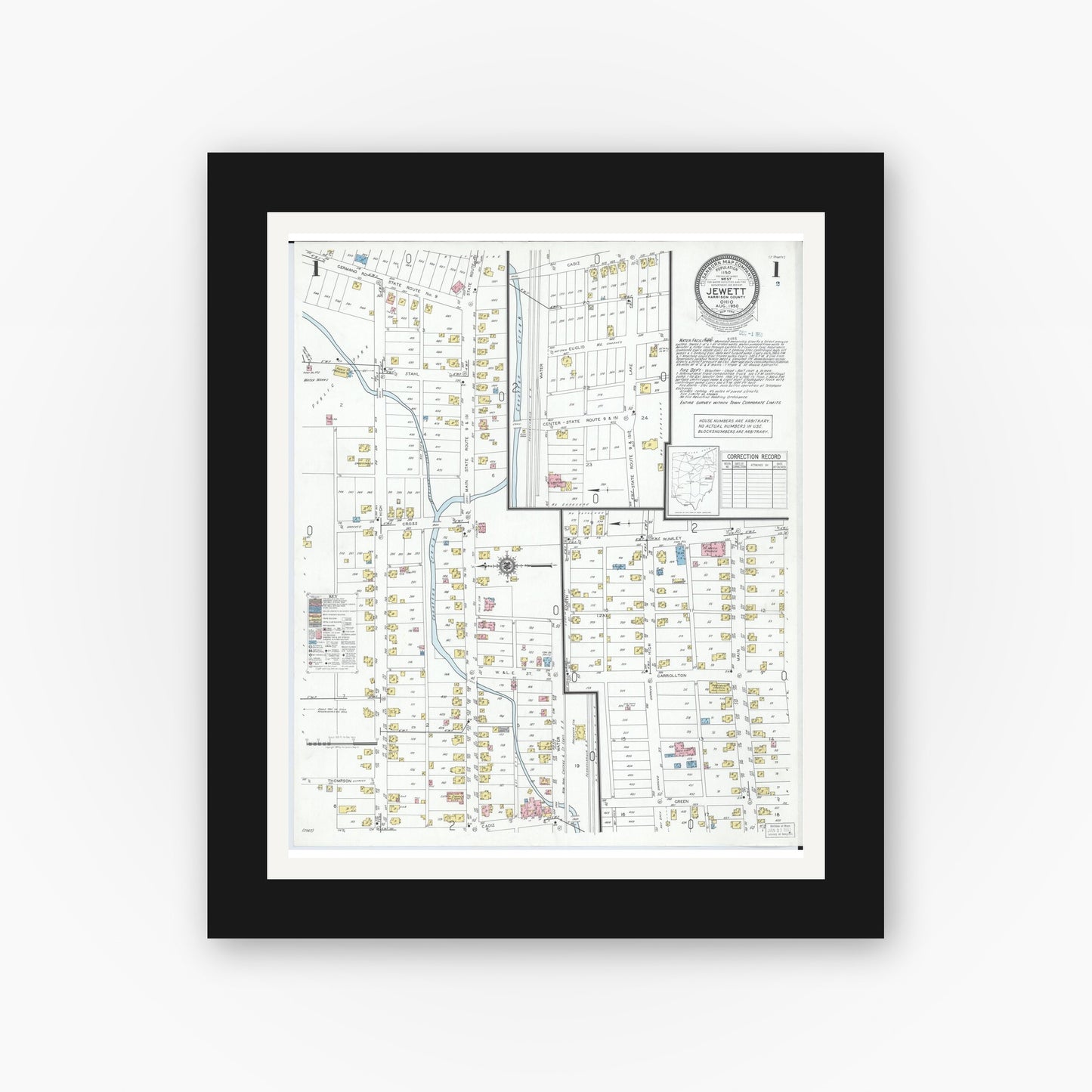 Old map wall art mockup — black gallery frame with white mat — Sanborn Fire Insurance Map from Jewett, Harrison County, Ohio (1950) - Complete Map Set