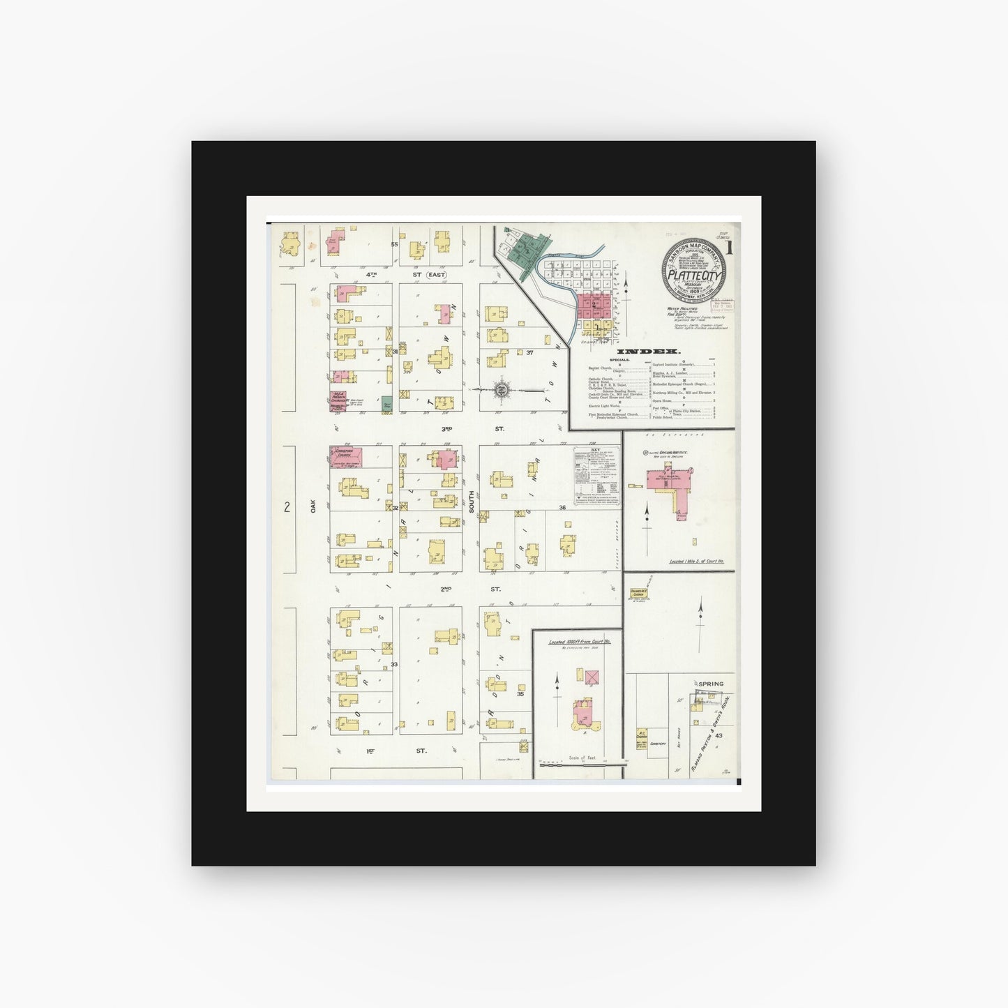 Old map wall art mockup — black gallery frame with white mat — Sanborn Fire Insurance Map from Platte City, Platte County, Missouri (1909), Sheet #0001