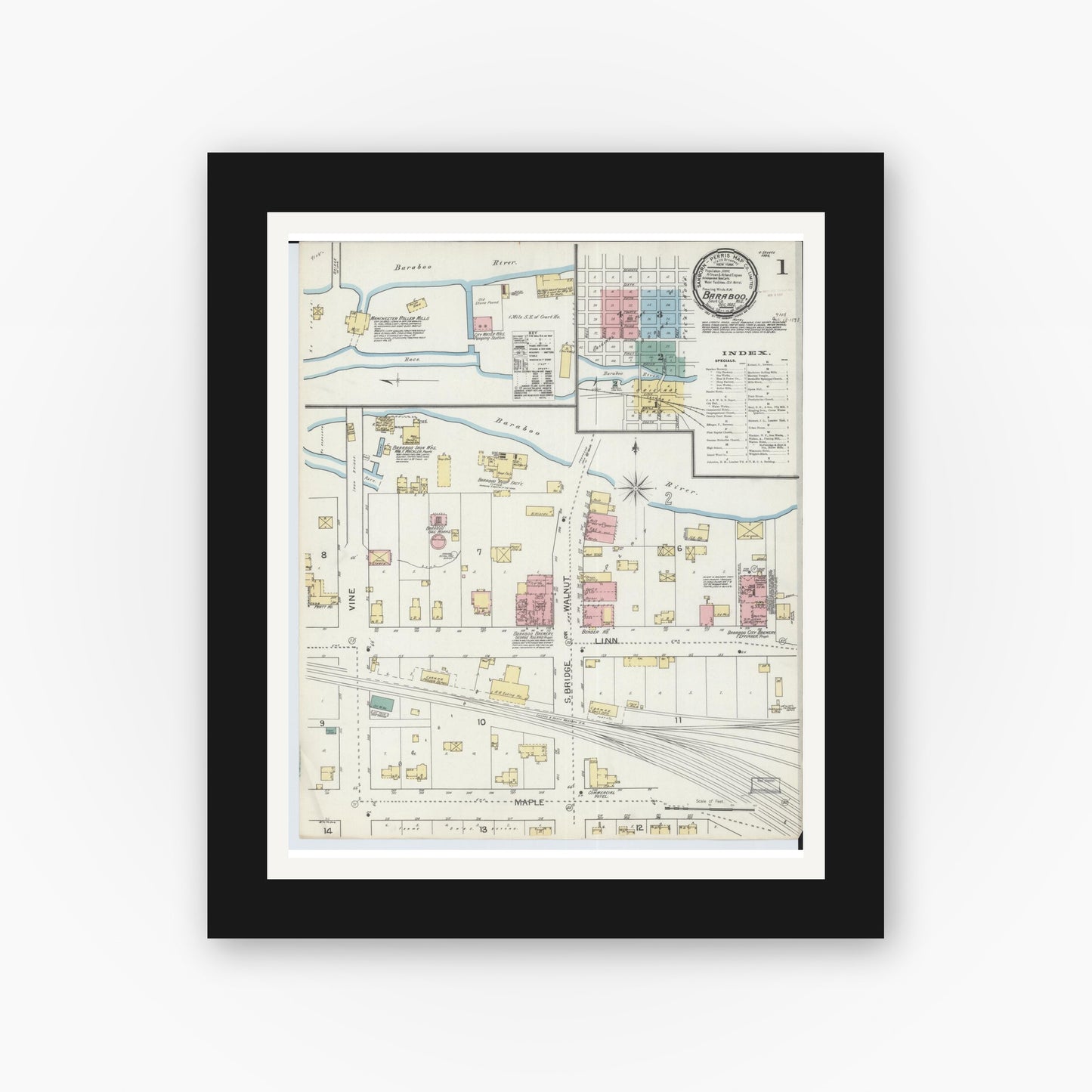 Old map wall art mockup — black gallery frame with white mat — Sanborn Fire Insurance Map from Baraboo, Sauk County, Wisconsin (1892), Sheet #0001