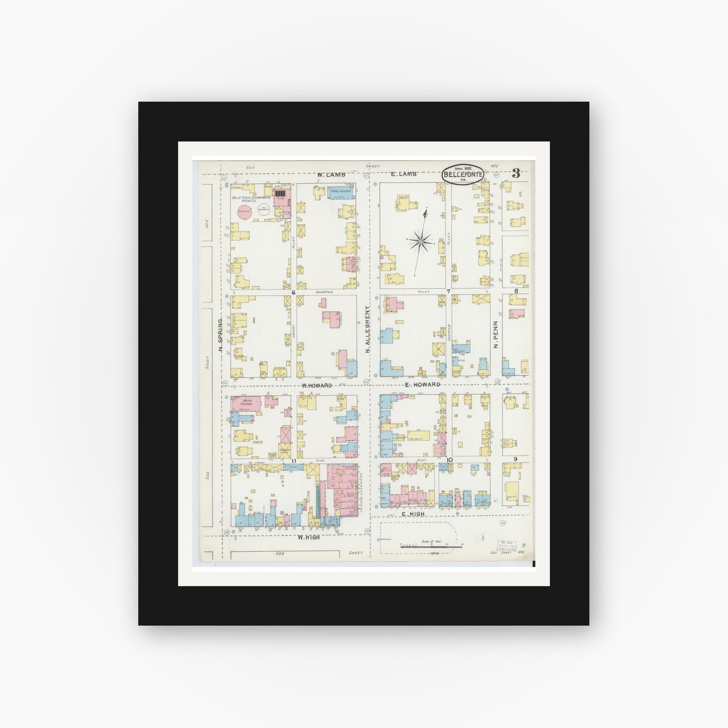 Old map wall art mockup — black gallery frame with white mat — Sanborn Fire Insurance Map from Bellefonte, Centre County, Pennsylvania (1892), Sheet #0003