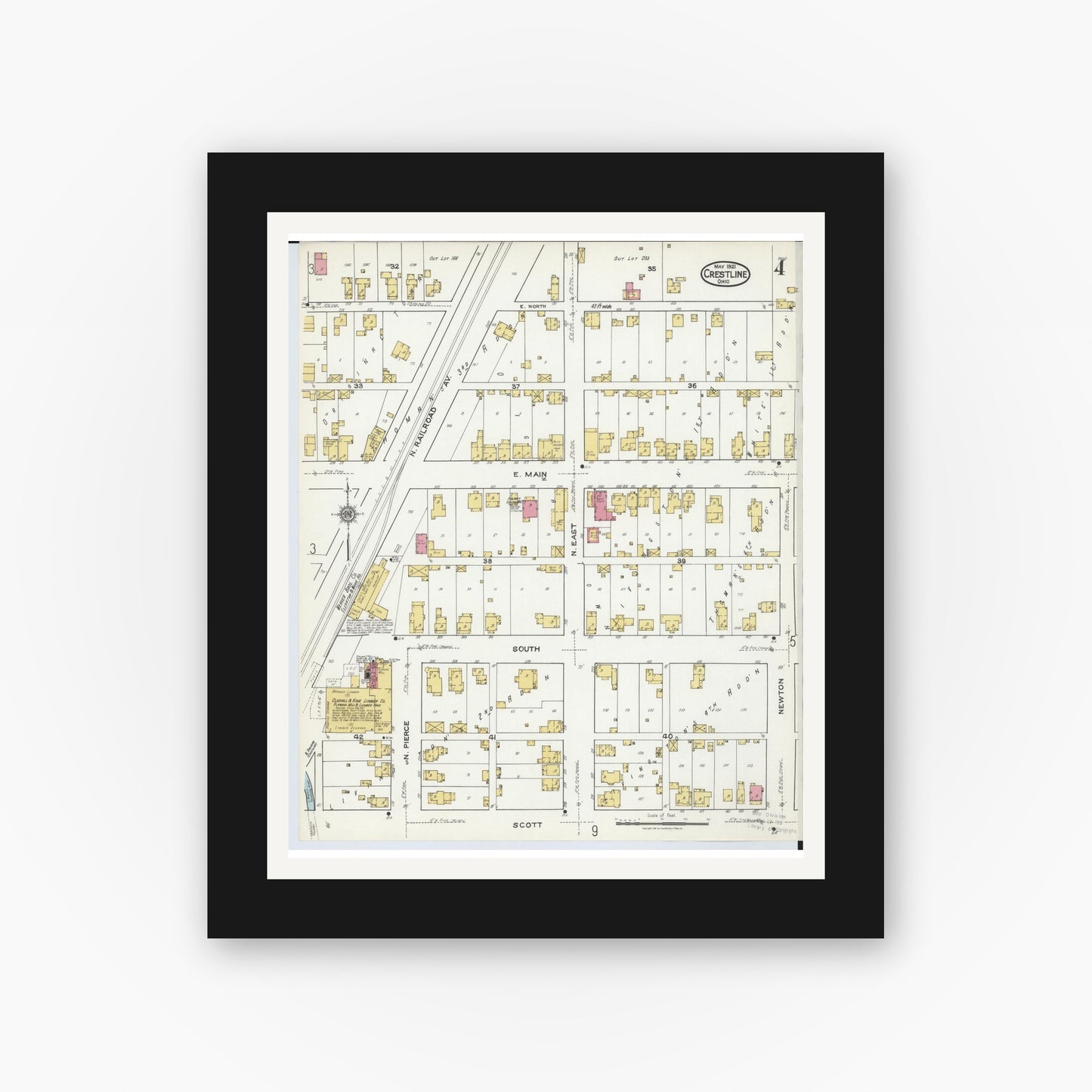Old map wall art mockup — black gallery frame with white mat — Sanborn Fire Insurance Map from Crestline, Crawford County, Ohio (1921), Sheet #0004