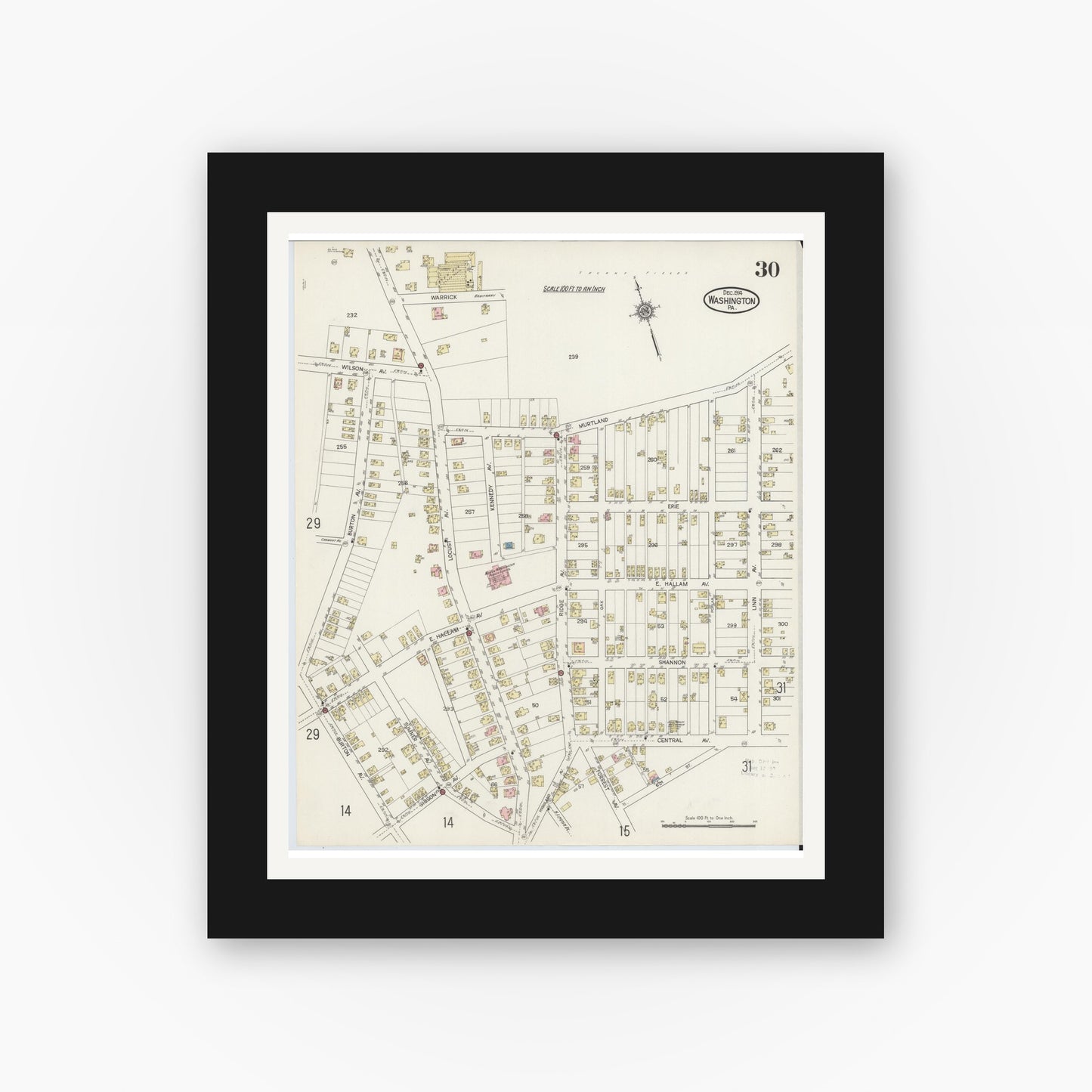 Old map wall art mockup — black gallery frame with white mat — Sanborn Fire Insurance Map from Washington, Washington County, Pennsylvania (1914), Sheet #0030
