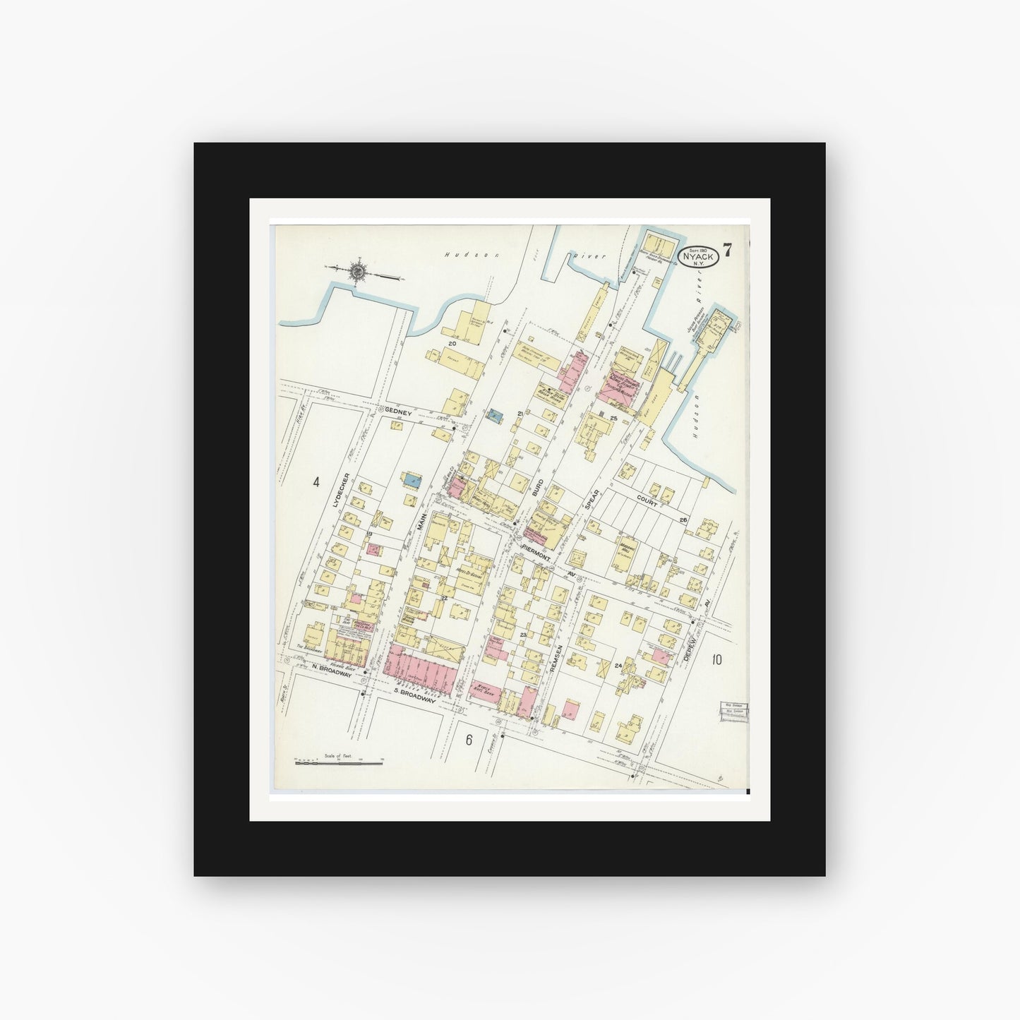 Old map wall art mockup — black gallery frame with white mat — Sanborn Fire Insurance Map from Nyack, Rockland County, New York. (1910), Sheet #0007