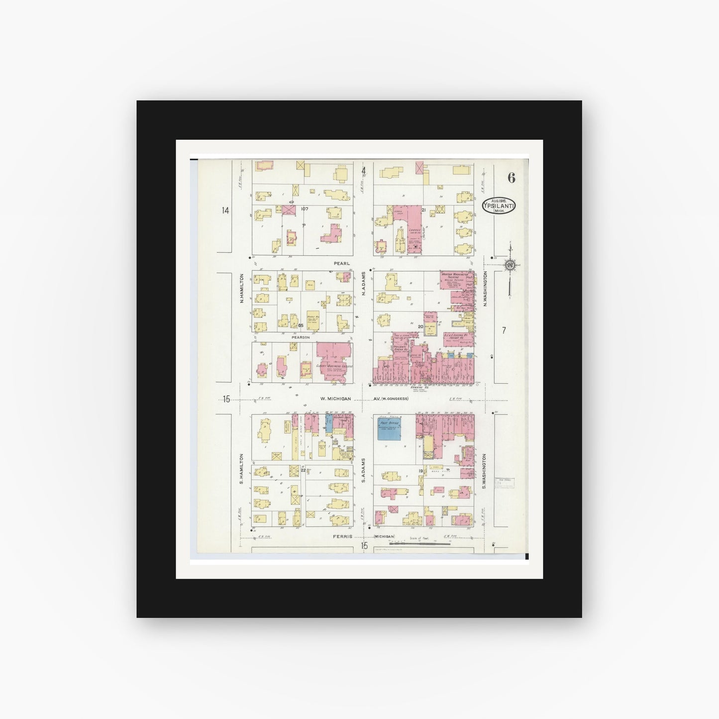 Old map wall art mockup — black gallery frame with white mat — Sanborn Fire Insurance Map from Ypsilanti, Washtenaw County, Michigan (1916), Sheet #0006