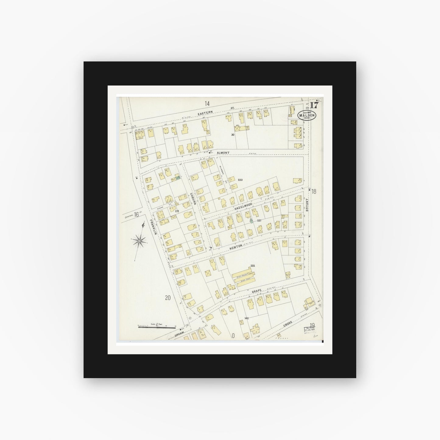 Old map wall art mockup — black gallery frame with white mat — Sanborn Fire Insurance Map from Malden, Middlesex County, Massachusetts (1897), Sheet #0017
