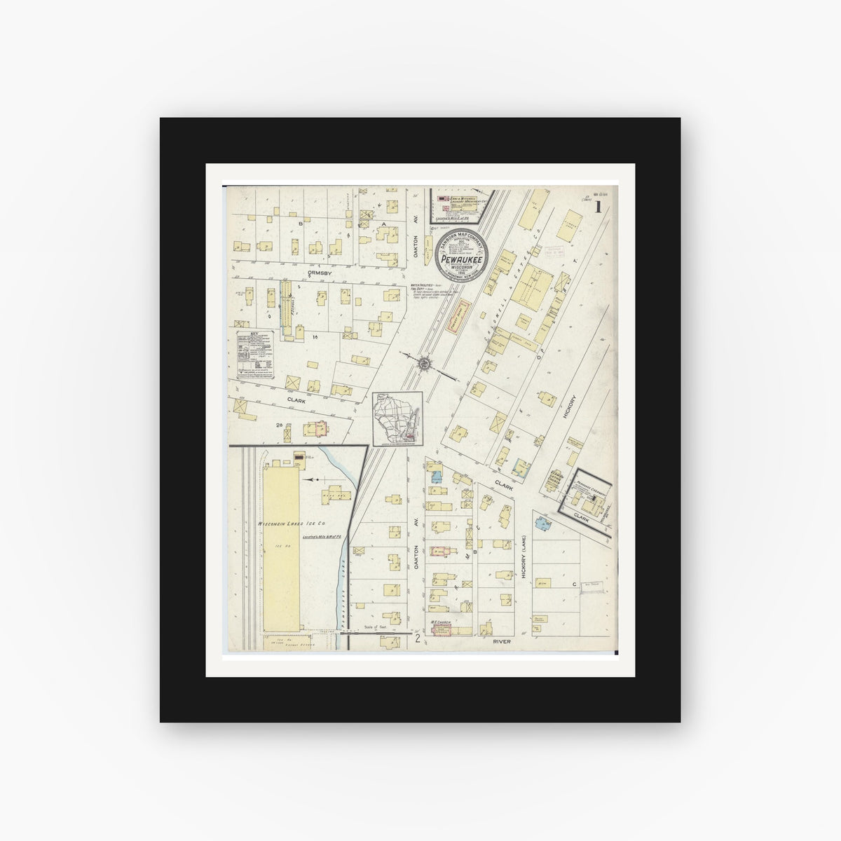 Old map wall art mockup — black gallery frame with white mat — Sanborn Fire Insurance Map from Pewaukee, Waukesha County, Wisconsin (1914) - Complete Map Set