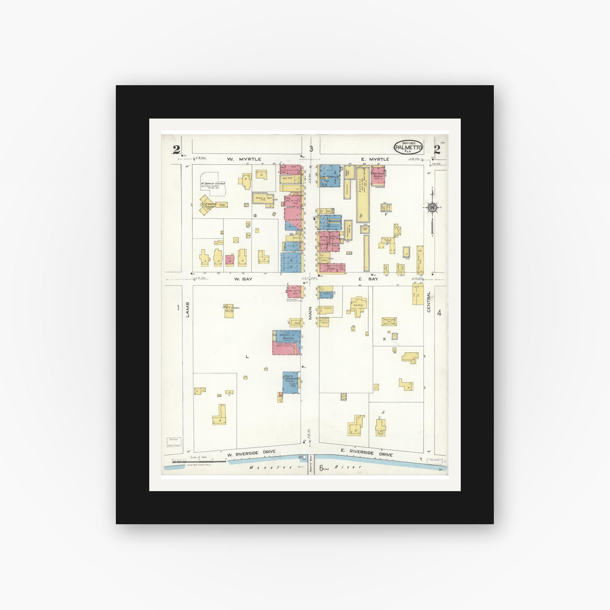 Old map wall art mockup — black gallery frame with white mat — Sanborn Fire Insurance Map from Palmetto, Manatee County, Florida (1923), Sheet #0002