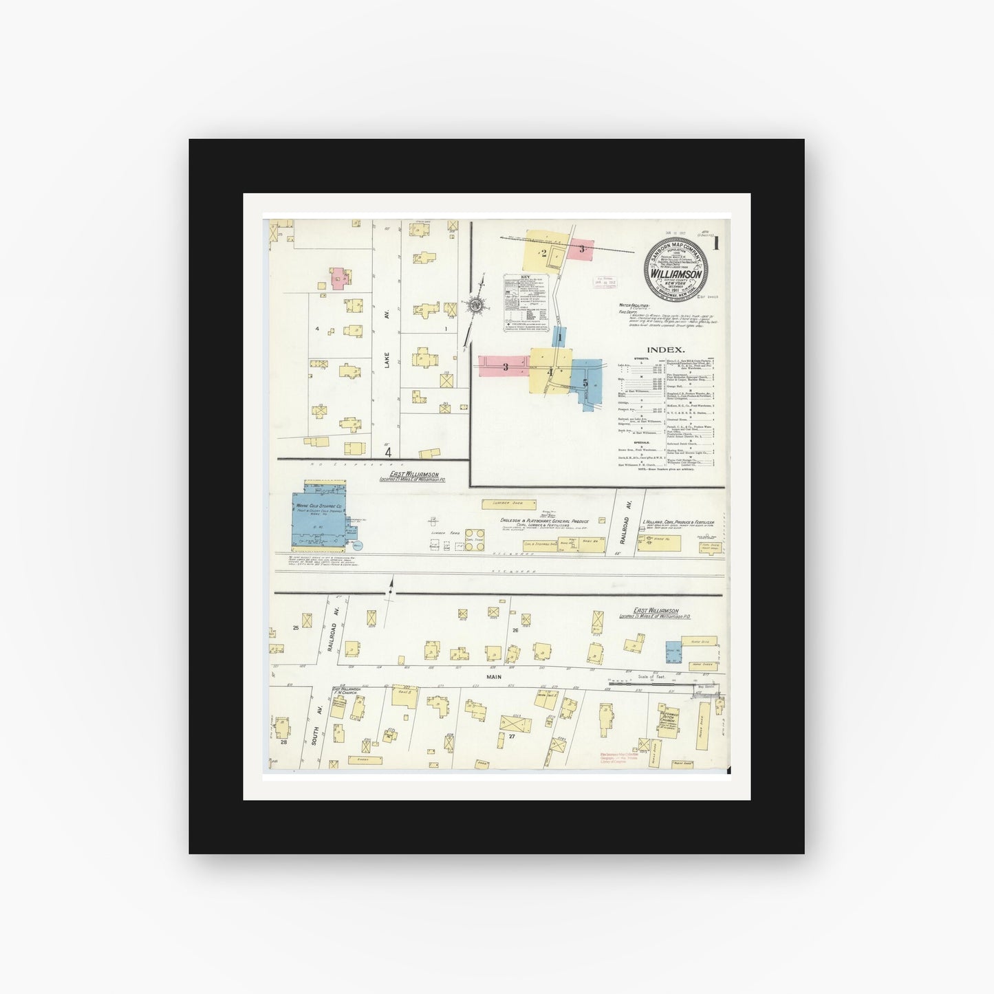 Old map wall art mockup — black gallery frame with white mat — Sanborn Fire Insurance Map from Williamson, Wayne County, New York (1911) - Complete Map Set