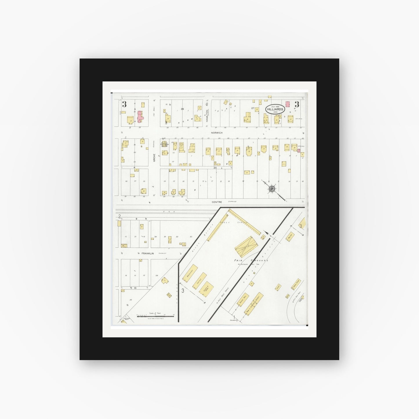 Old map wall art mockup — black gallery frame with white mat — Sanborn Fire Insurance Map from Hilliards, Franklin County, Ohio (1929), Sheet #0003