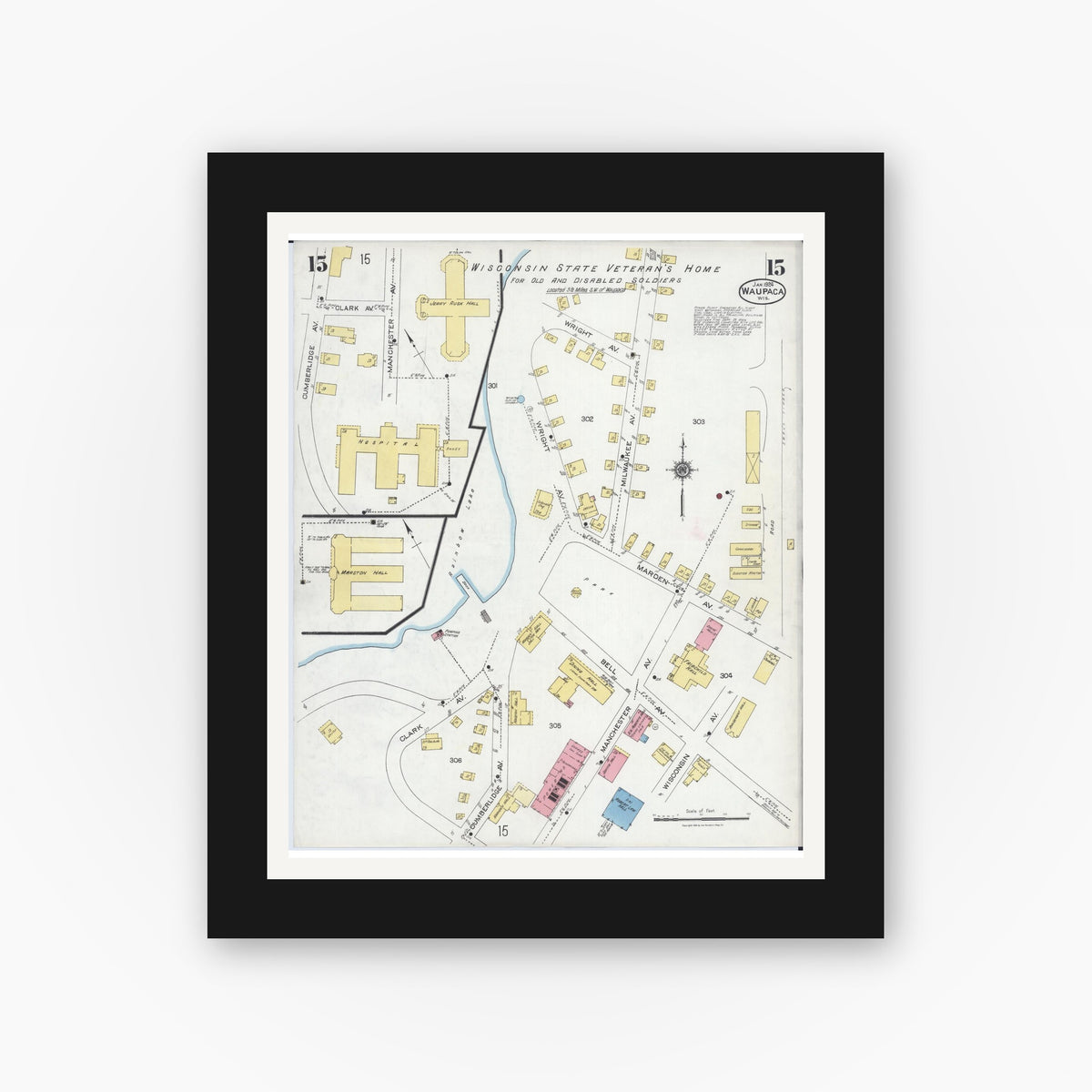 Old map wall art mockup — black gallery frame with white mat — Sanborn Fire Insurance Map from Waupaca, Waupaca County, Wisconsin (1924), Sheet #0015