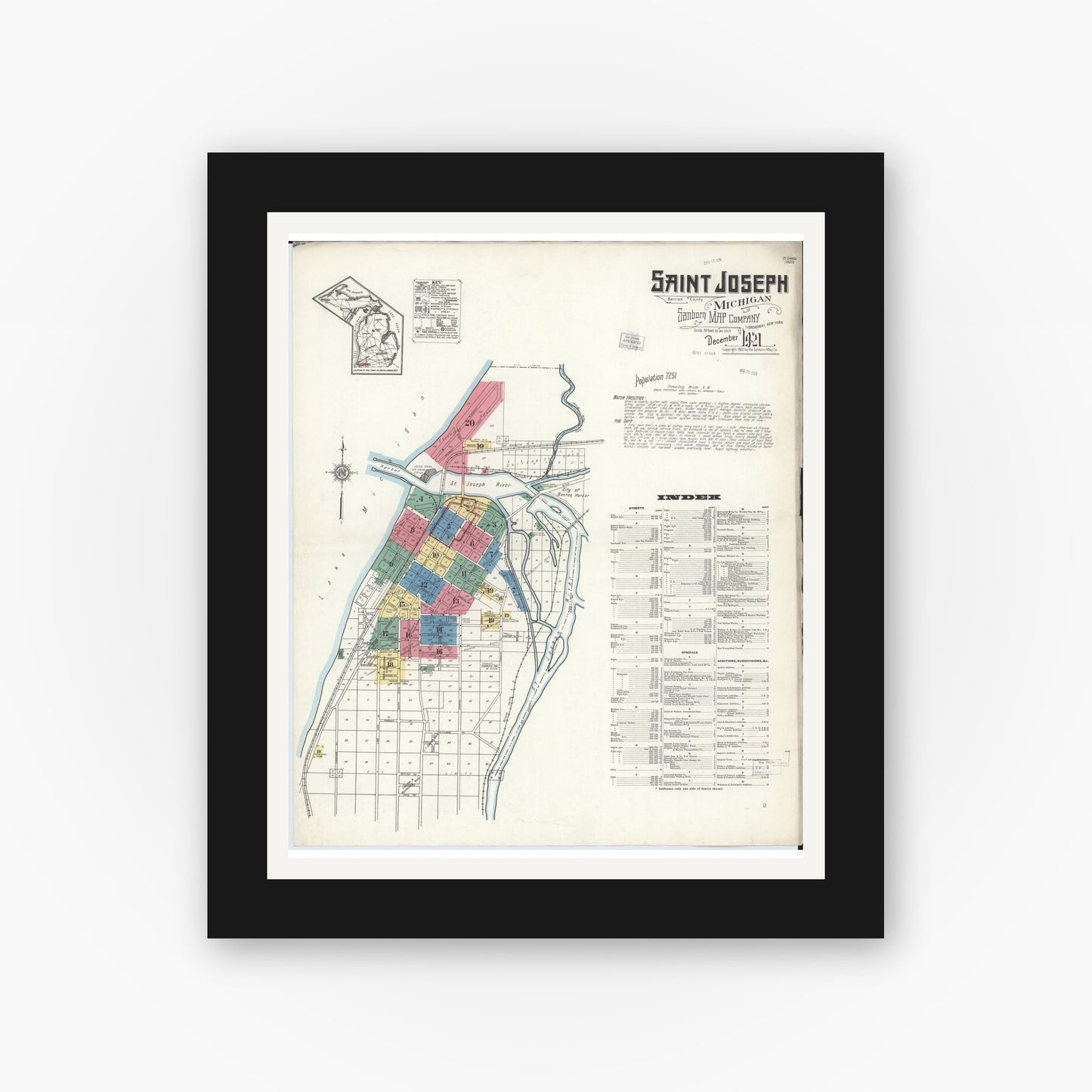 Old map wall art mockup — black gallery frame with white mat — Sanborn Fire Insurance Map from Saint Joseph, Berrien County, Michigan (1921) - Complete Map Set
