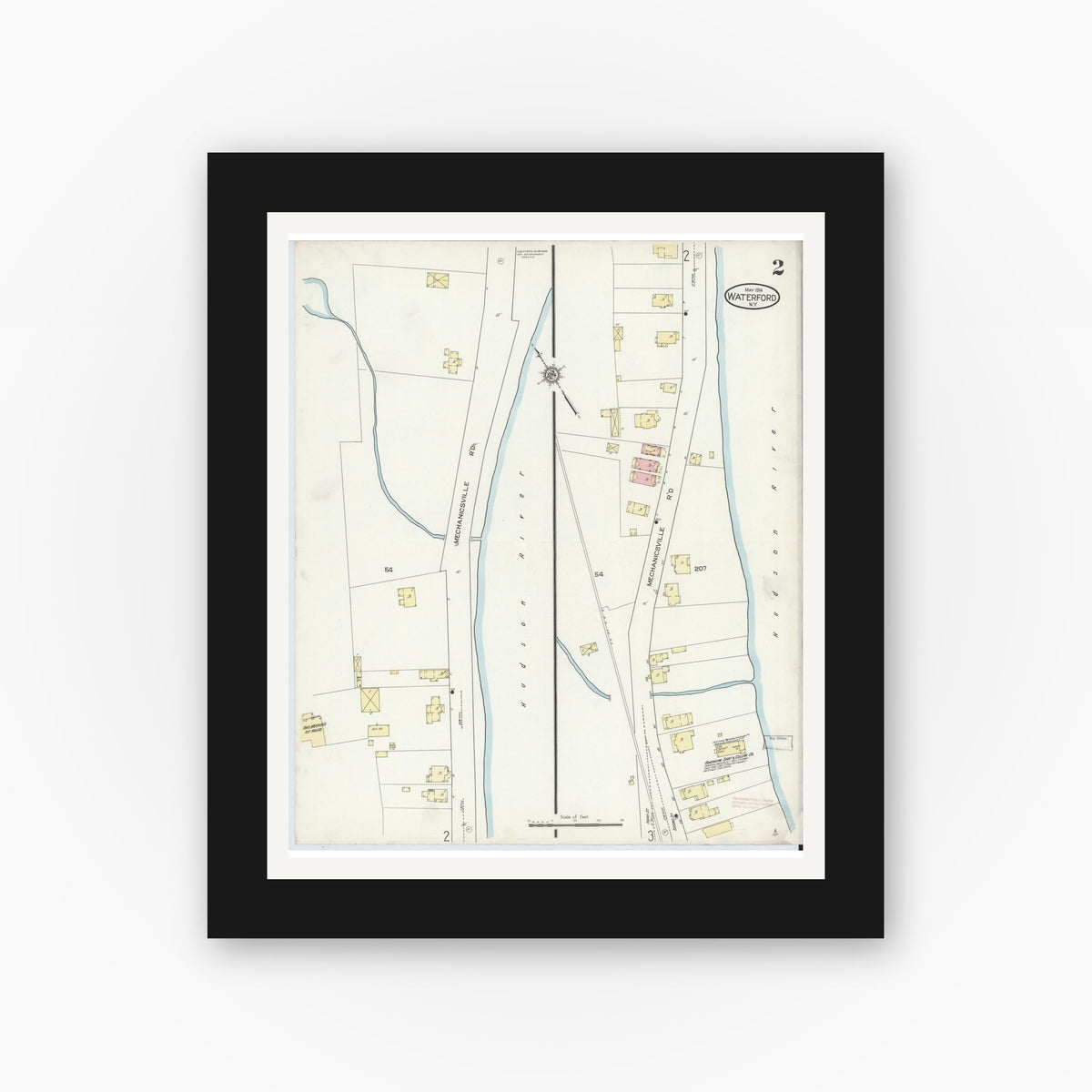 Old map wall art mockup — black gallery frame with white mat — Sanborn Fire Insurance Map from Waterford, Saratoga County, New York (1914), Sheet #0002