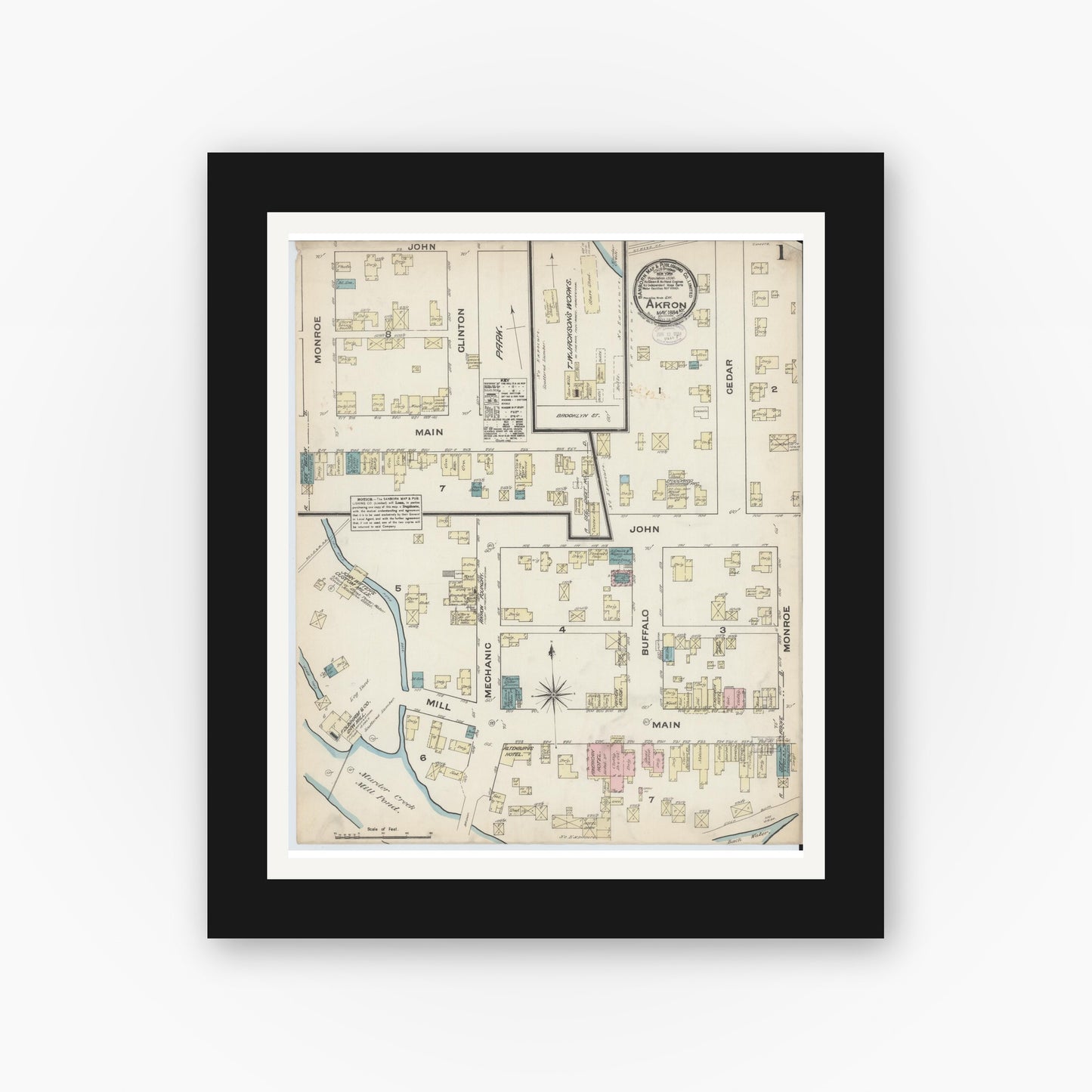 Old map wall art mockup — black gallery frame with white mat — Sanborn Fire Insurance Map from Akron, Erie County, New York (1884) - Complete Map Set