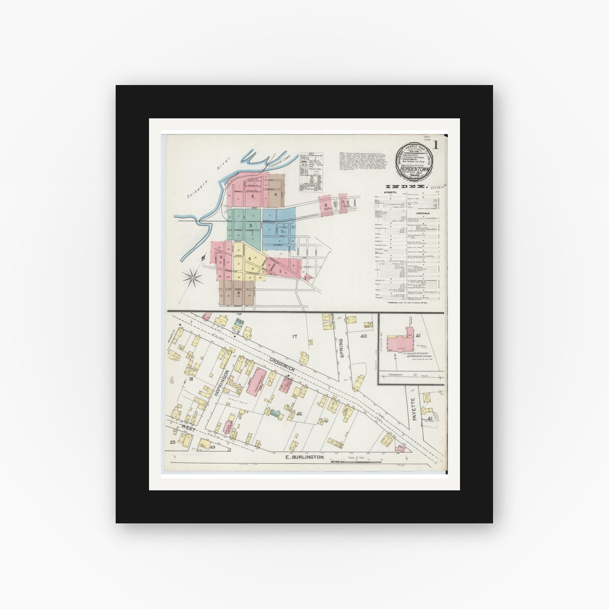 Old map wall art mockup — black gallery frame with white mat — Sanborn Fire Insurance Map from Bordentown, Burlington County, New Jersey (1892) - Complete Map Set