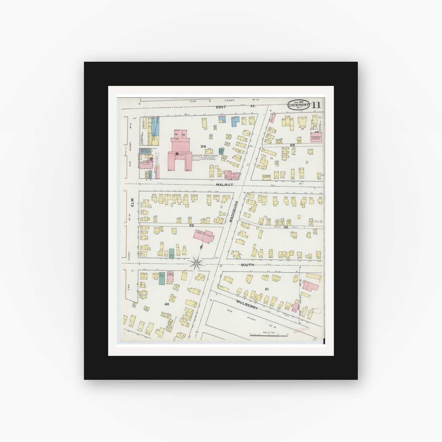 Old map wall art mockup — black gallery frame with white mat — Sanborn Fire Insurance Map from Lockport, Niagara County, New York (1892), Sheet #0011