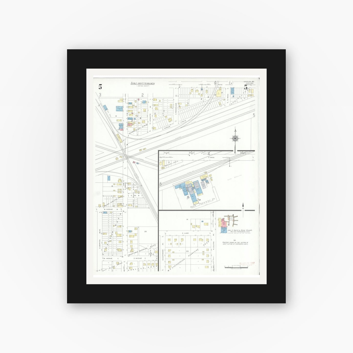Old map wall art mockup — black gallery frame with white mat — Sanborn Fire Insurance Map from Griffith, Lake County, Indiana (1943), Sheet #0005