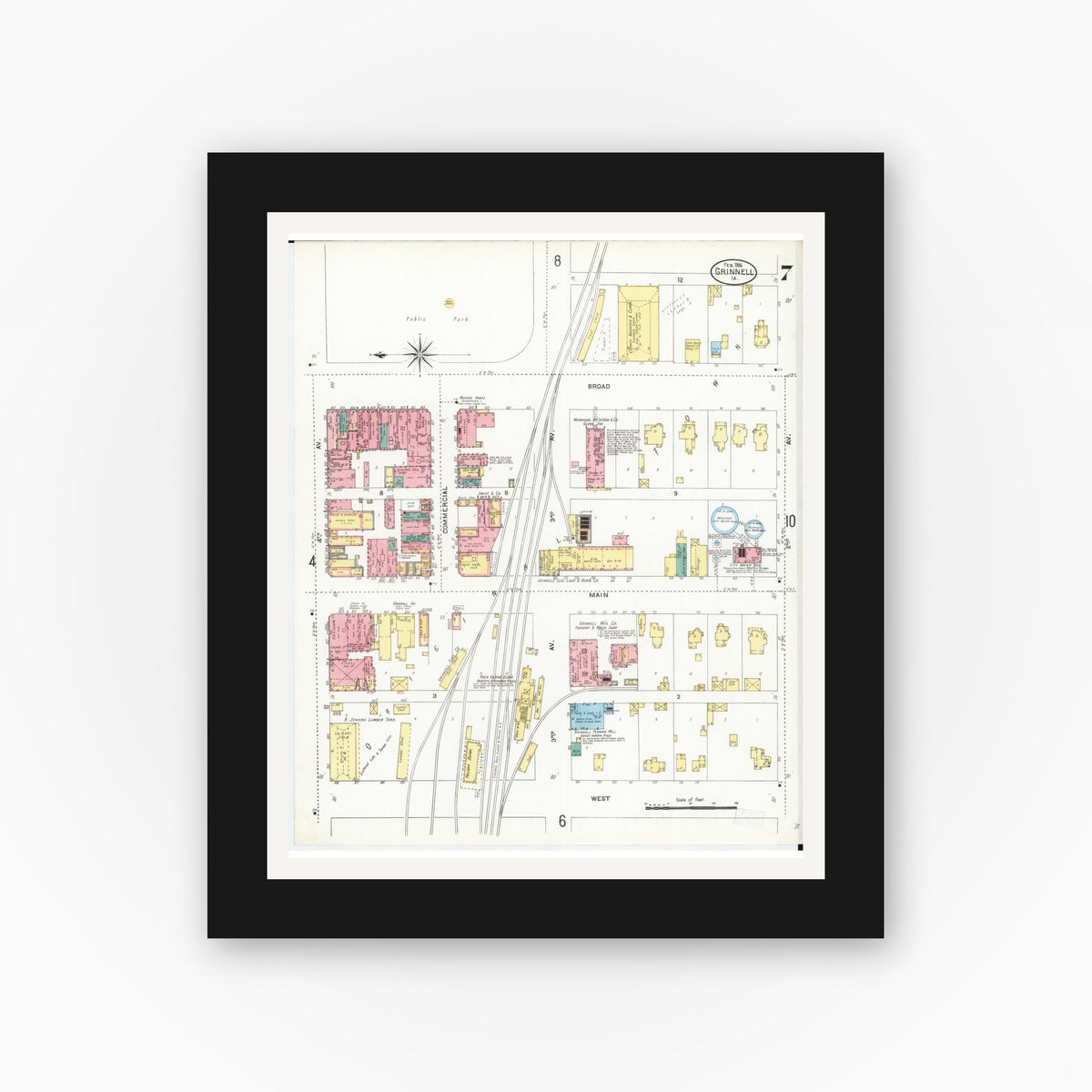 Old map wall art mockup — black gallery frame with white mat — Sanborn Fire Insurance Map from Grinnell, Poweshiek County, Iowa (1906), Sheet #0007