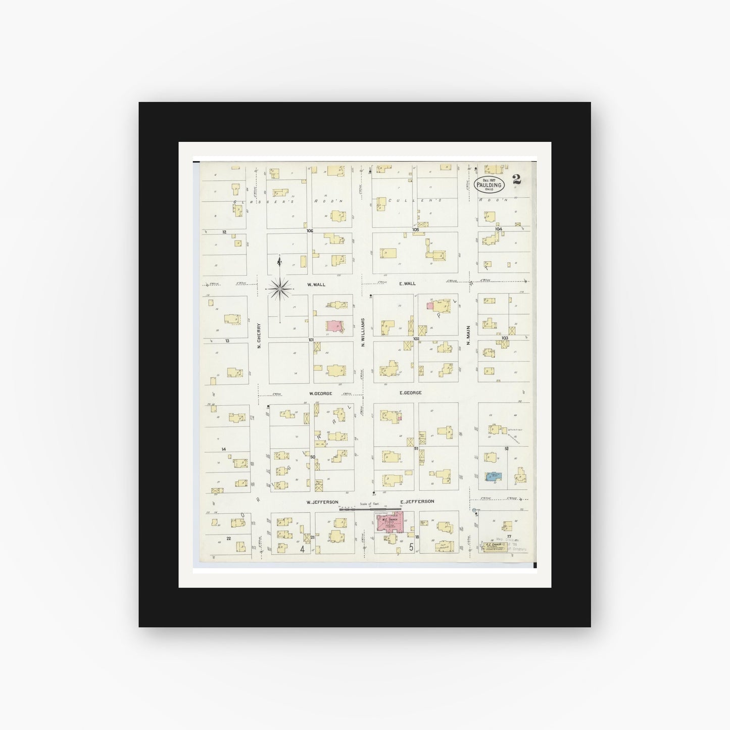 Old map wall art mockup — black gallery frame with white mat — Sanborn Fire Insurance Map from Paulding, Paulding County, Ohio (1907), Sheet #0002