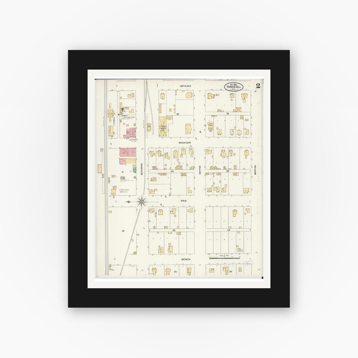 Old map wall art mockup — black gallery frame with white mat — Sanborn Fire Insurance Map from Tower Hill, Shelby County, Illinois (1906), Sheet #0002