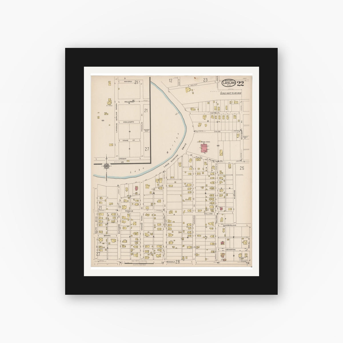 Old map wall art mockup — black gallery frame with white mat — Sanborn Fire Insurance Map from Lakeland, Polk County, Florida (1922), Sheet #0022
